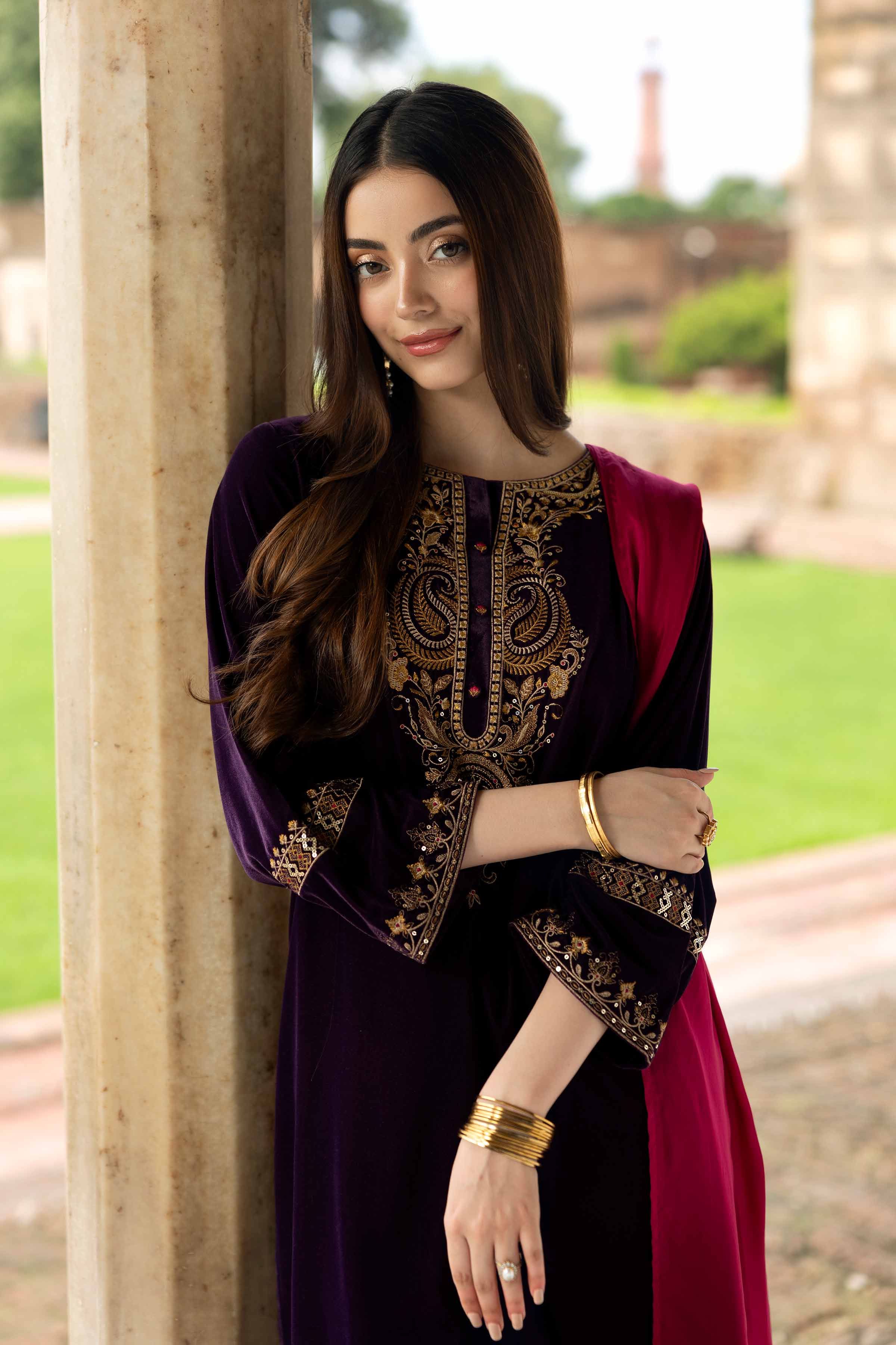 NISHATUAE - Purple Embroidered Velvet 3-piece Ready to wear Suit