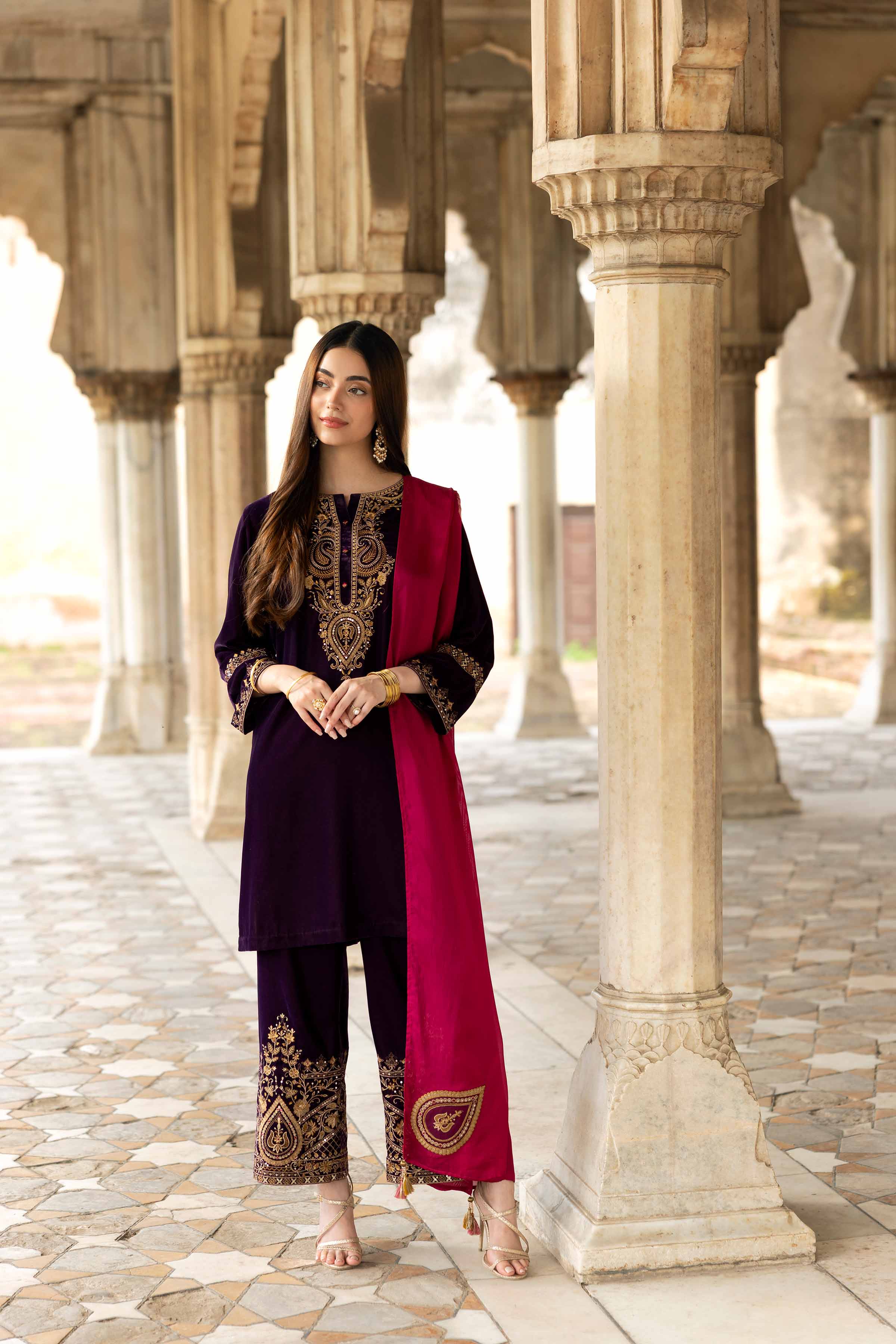 NISHATUAE - Purple Embroidered Velvet 3-piece Ready to wear Suit