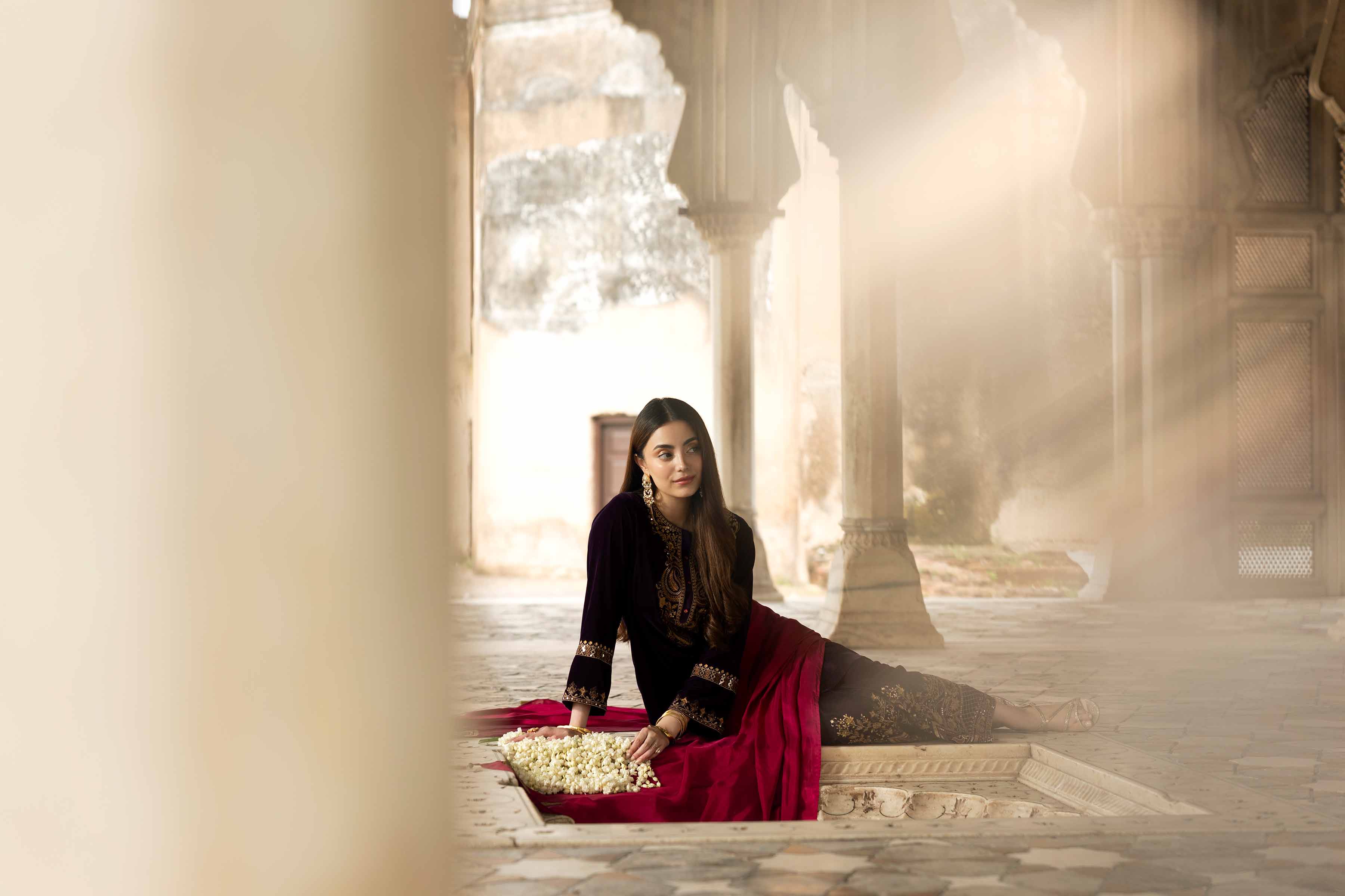 NISHATUAE - Purple Embroidered Velvet 3-piece Ready to wear Suit