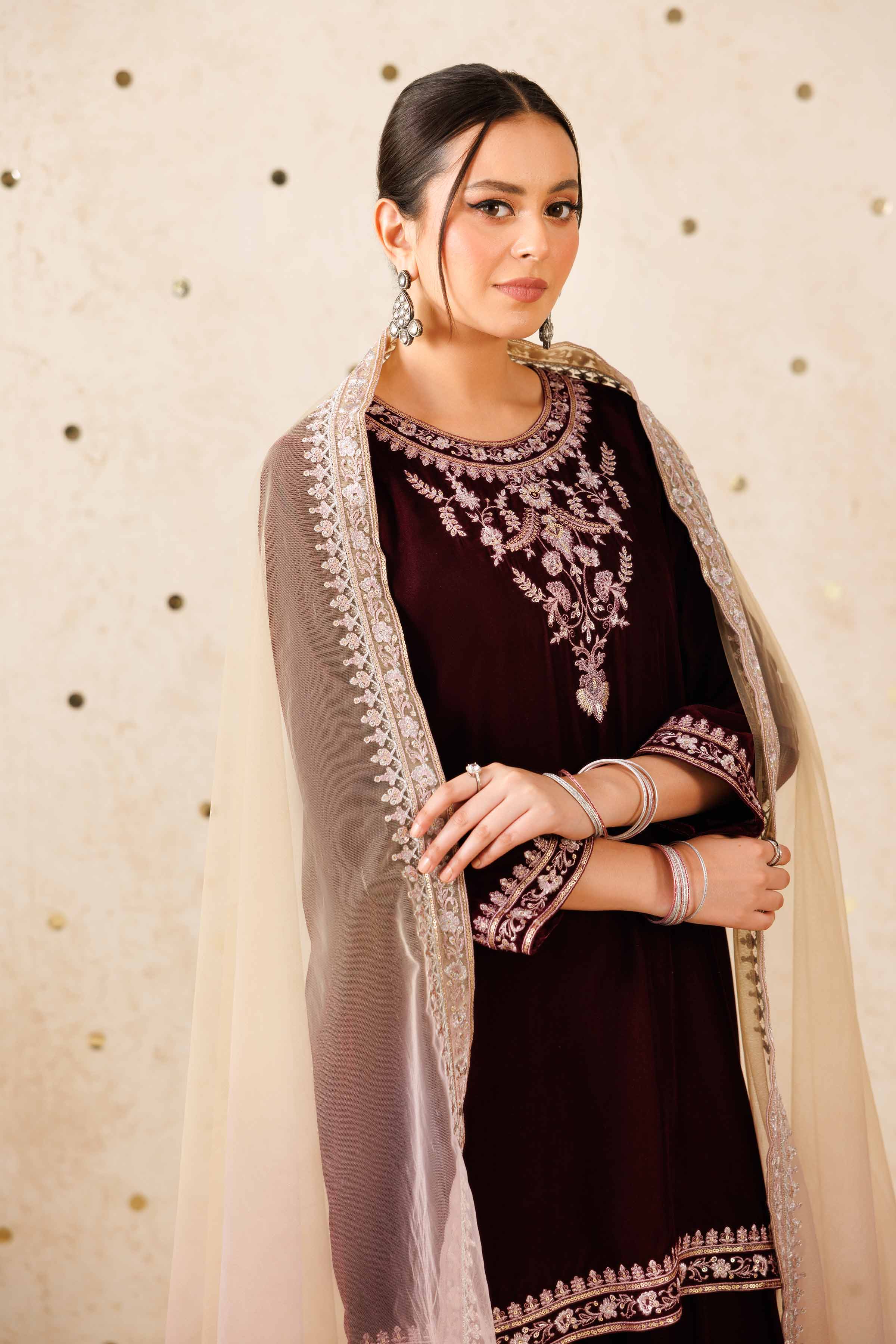 NISHATUAE - Purple Embroidered Velvet 3-piece Ready to wear Suit