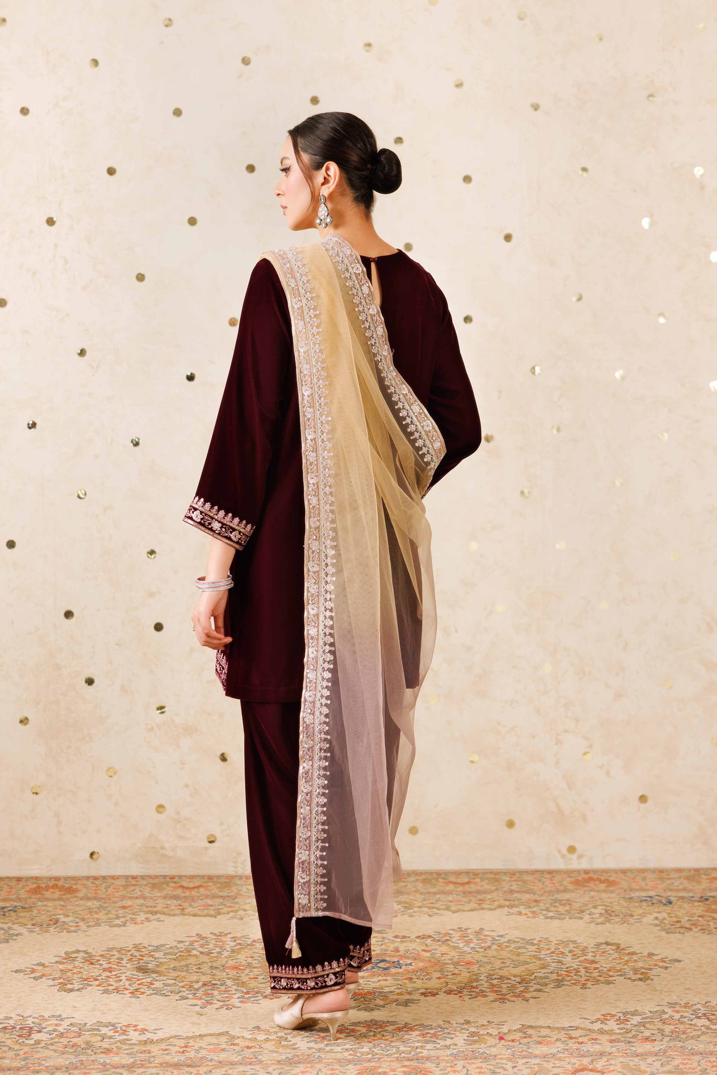 NISHATUAE - Purple Embroidered Velvet 3-piece Ready to wear Suit