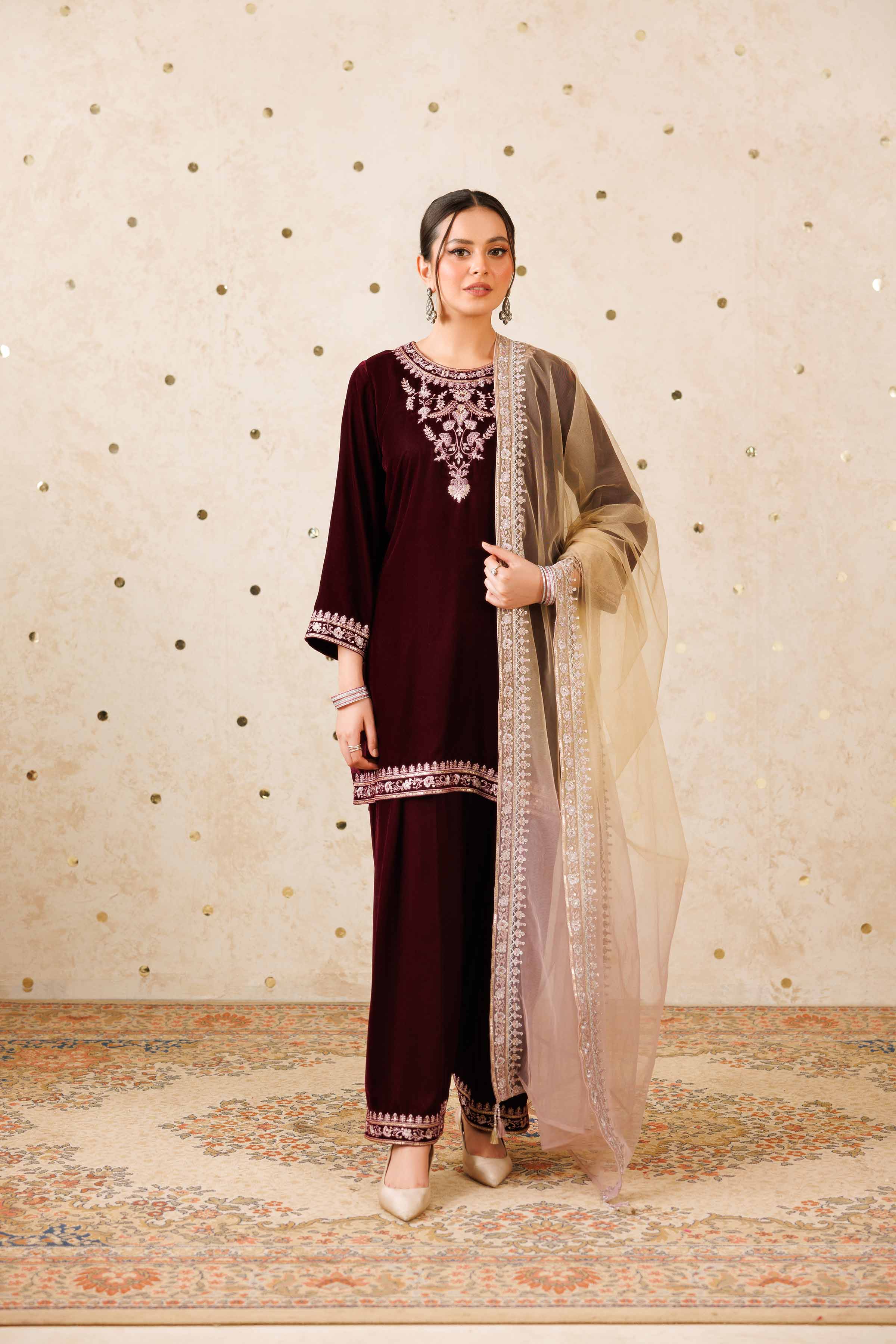 NISHATUAE - Purple Embroidered Velvet 3-piece Ready to wear Suit