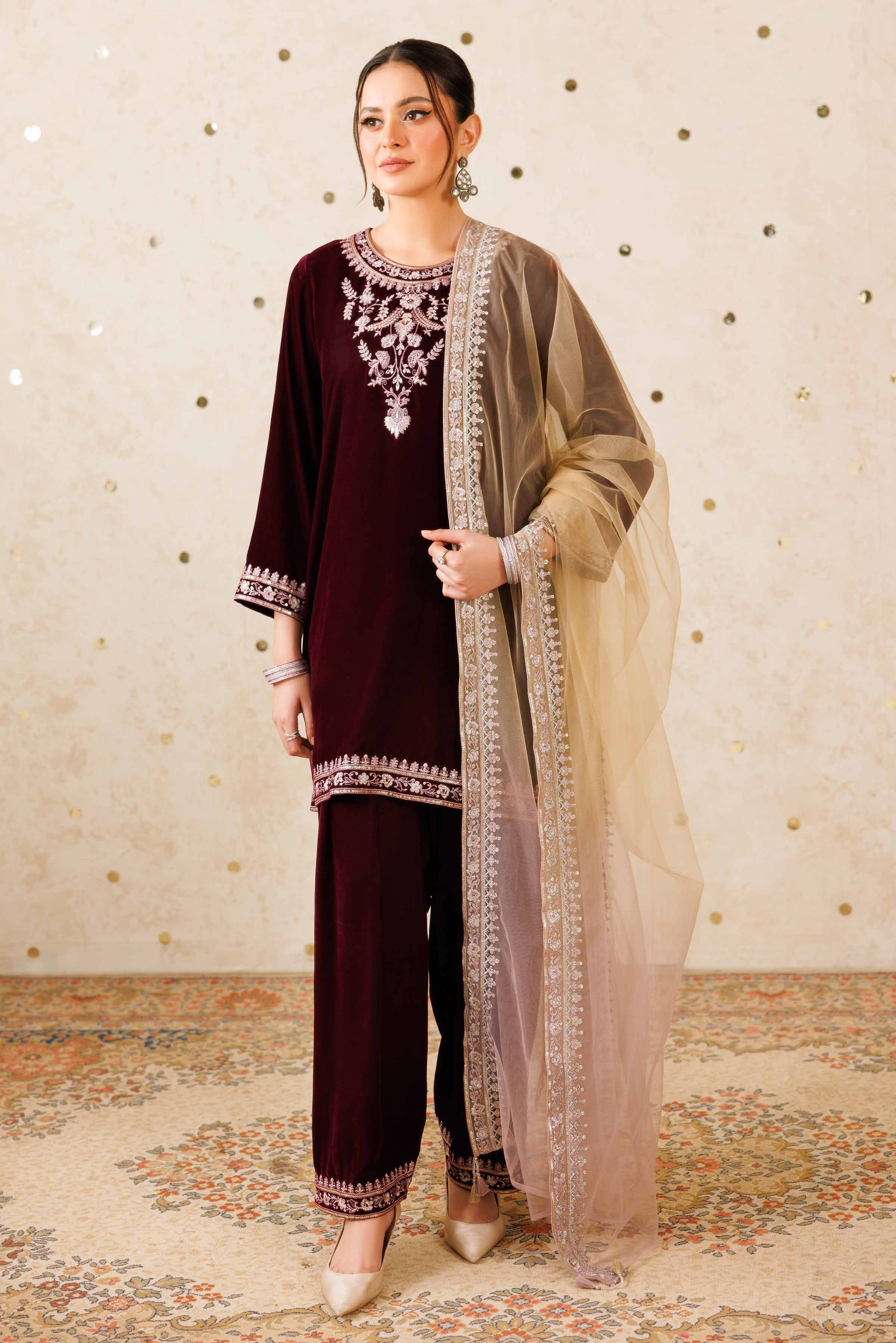 NISHATUAE - Purple Embroidered Velvet 3-piece Ready to wear Suit