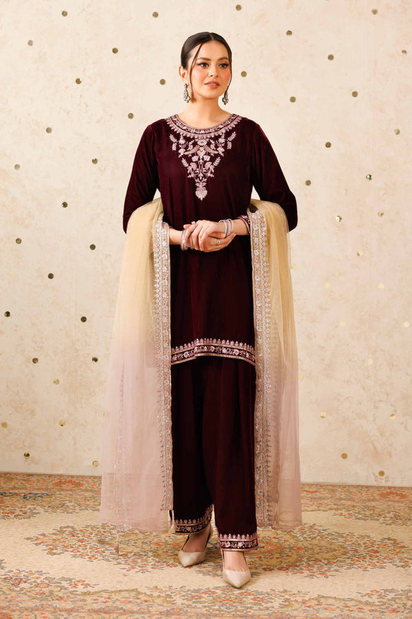 NISHATUAE - Purple Embroidered Velvet 3-piece Ready to wear Suit