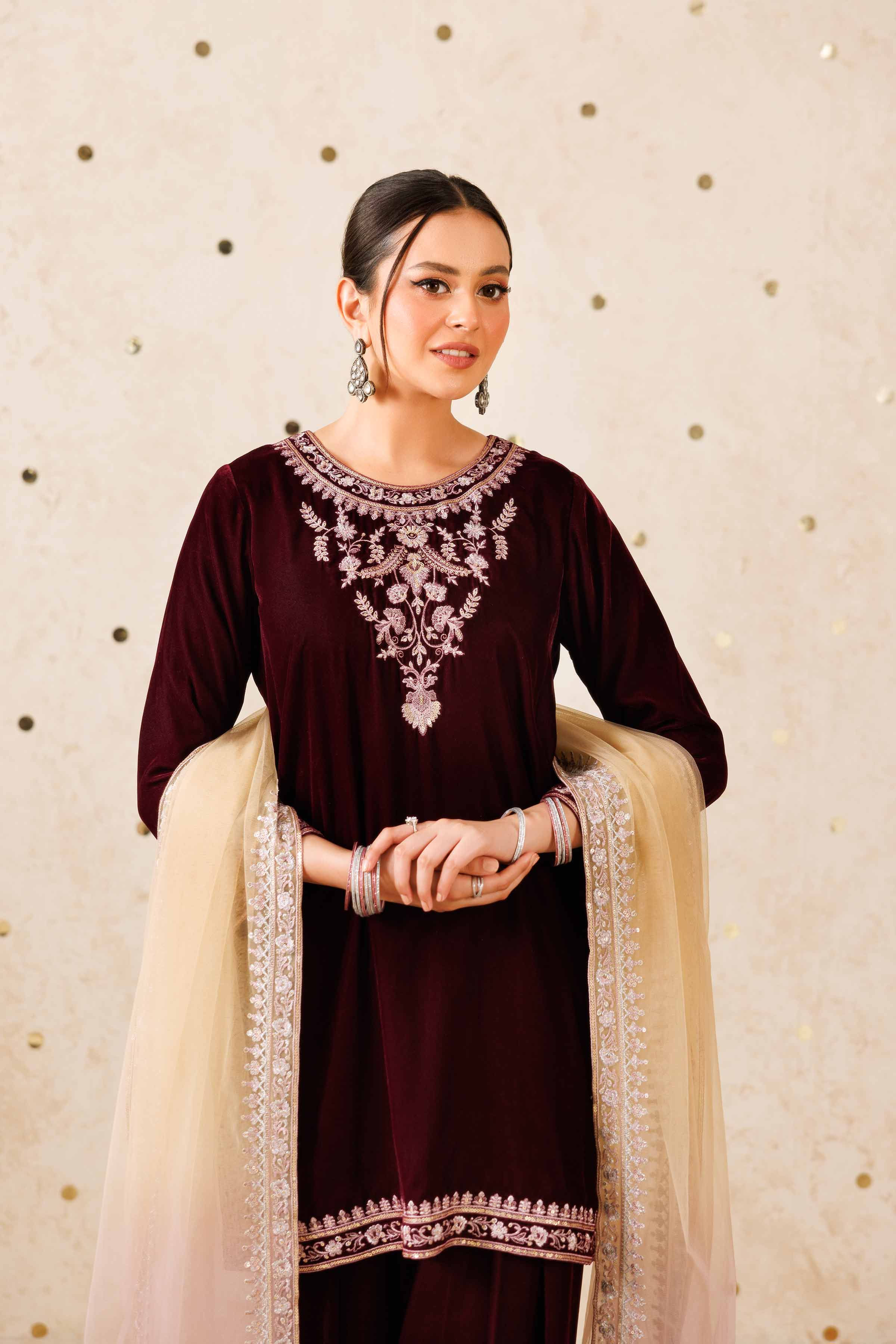 NISHATUAE - Purple Embroidered Velvet 3-piece Ready to wear Suit