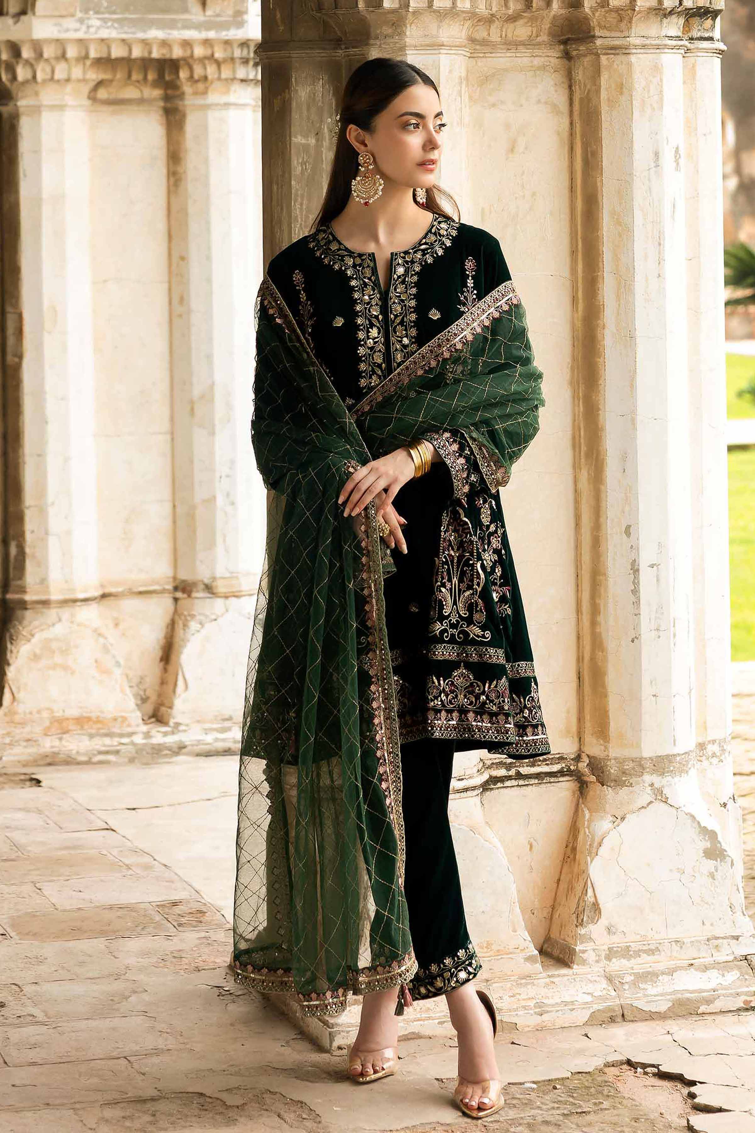 NISHATUAE - Green Embroidered Velvet 3-piece Ready to wear Suit