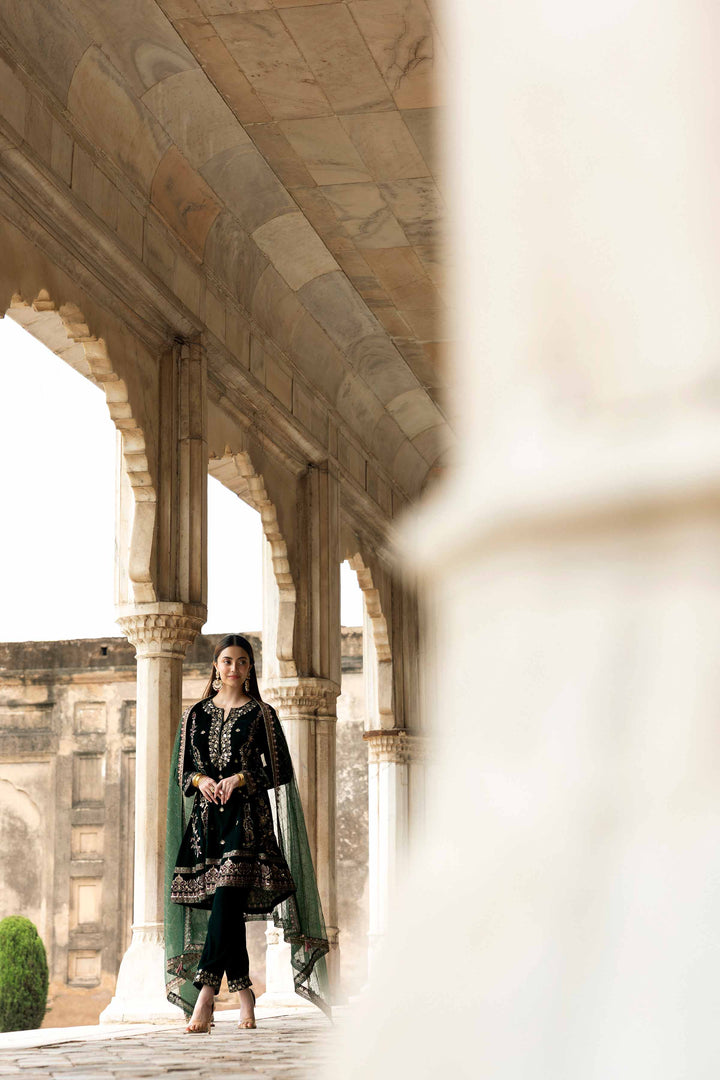 NISHATUAE - Green Embroidered Velvet 3-piece Ready to wear Suit