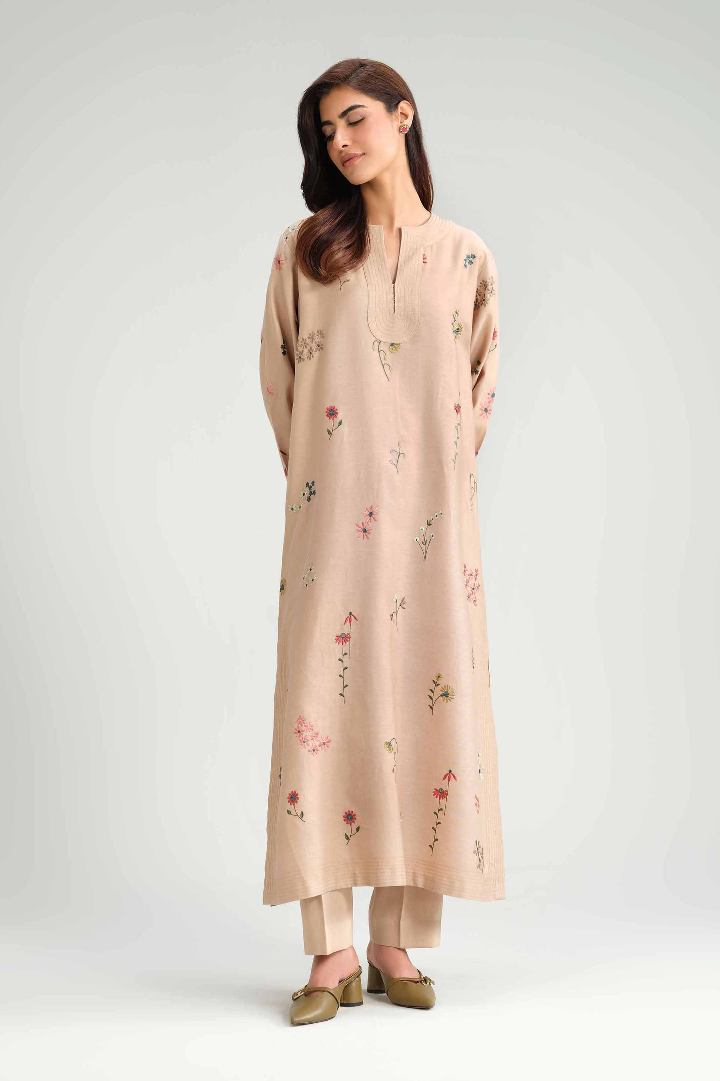 NishatUAE -  Beige Embroidered Satin 2-piece Ready to wear Dress