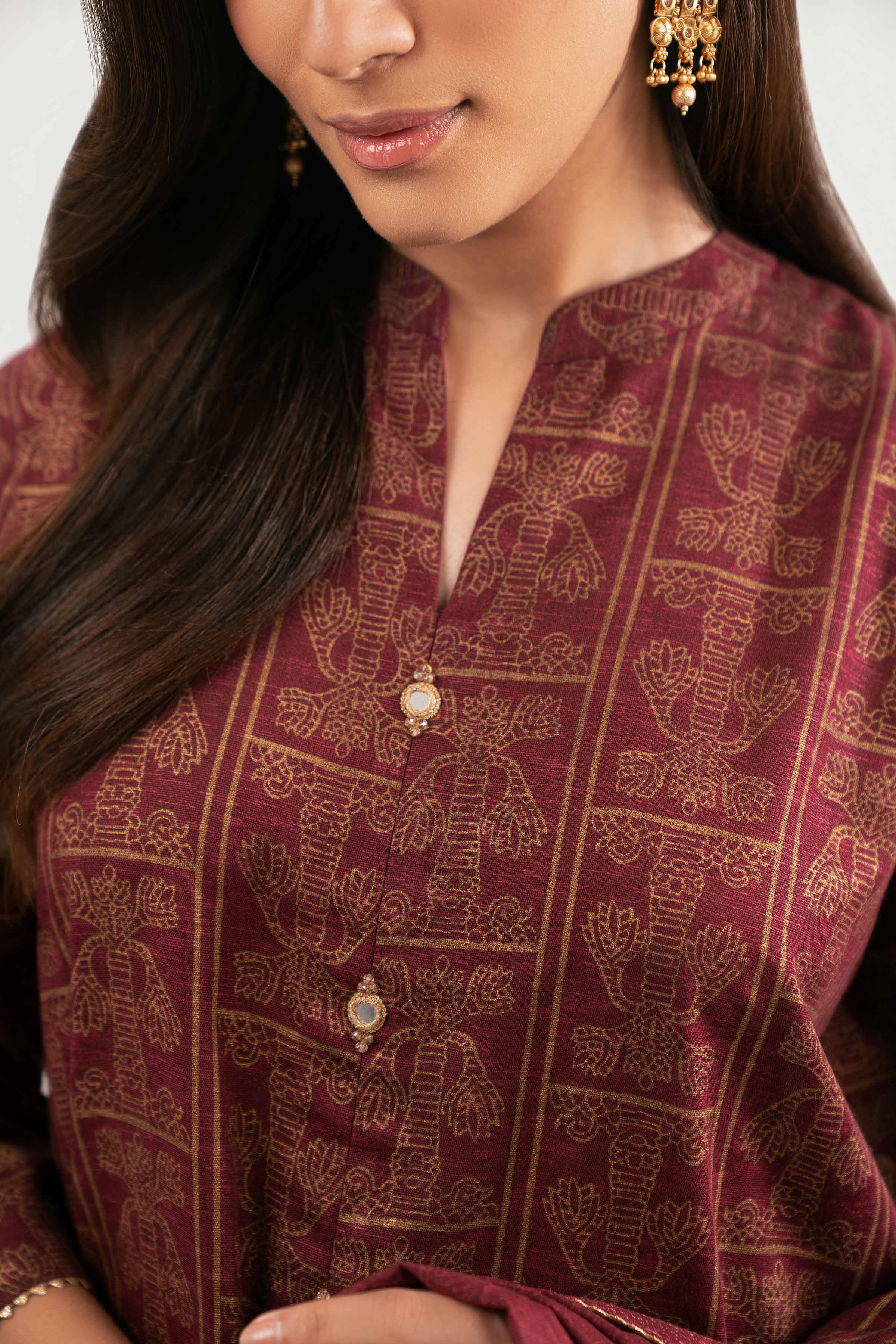 NISHATUAE - Maroon Printed Karandi 3-piece Ready to wear Suit