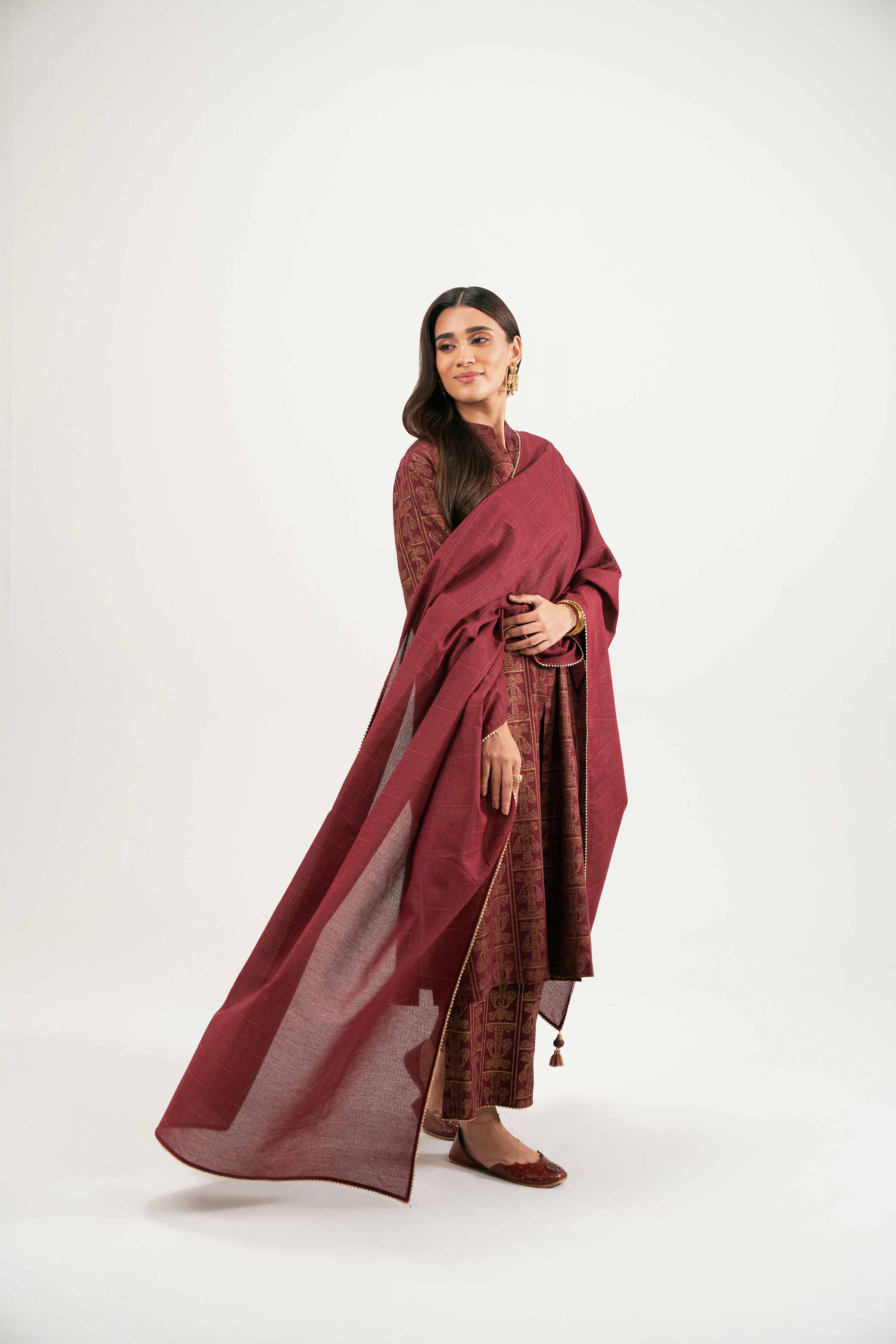 NISHATUAE - Maroon Printed Karandi 3-piece Ready to wear Suit