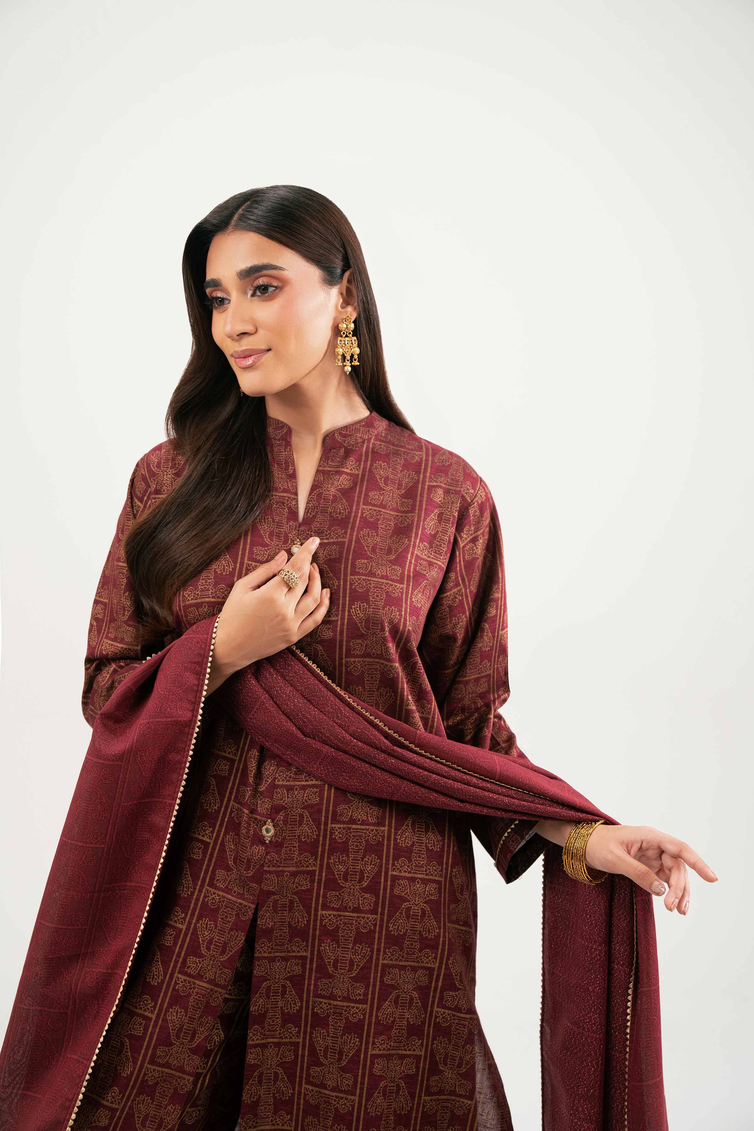 NISHATUAE - Maroon Printed Karandi 3-piece Ready to wear Suit