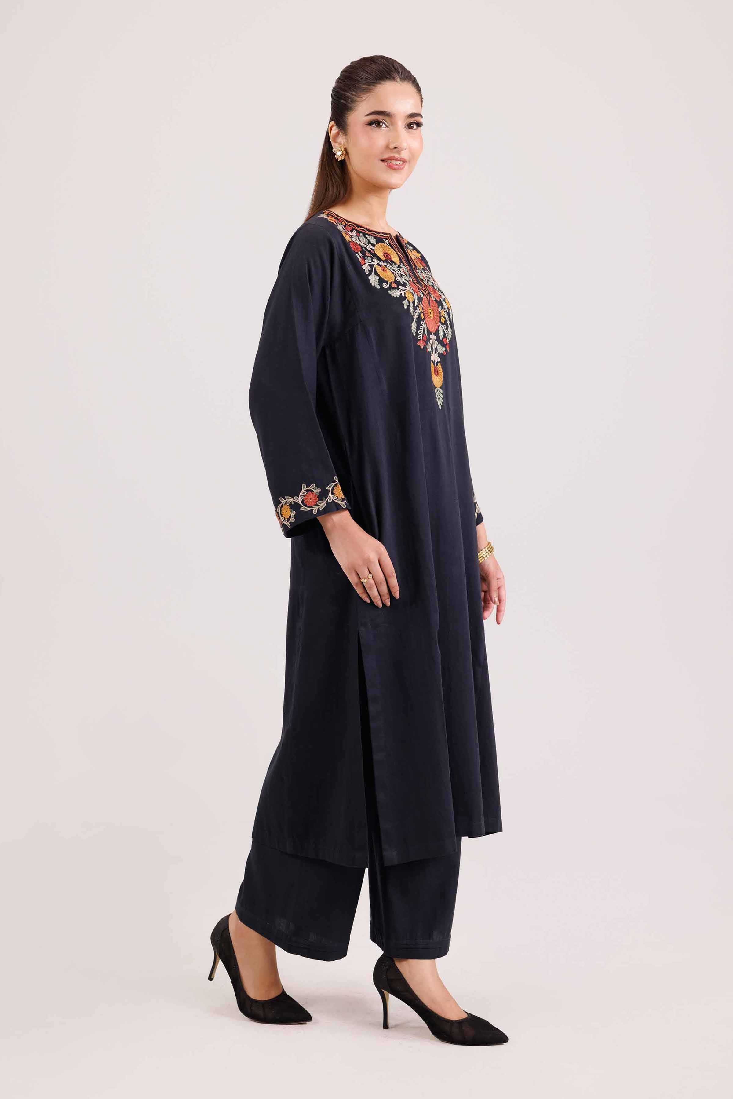 NishatUAE -  Black Embroidered Satin 2-piece Ready to wear Dress