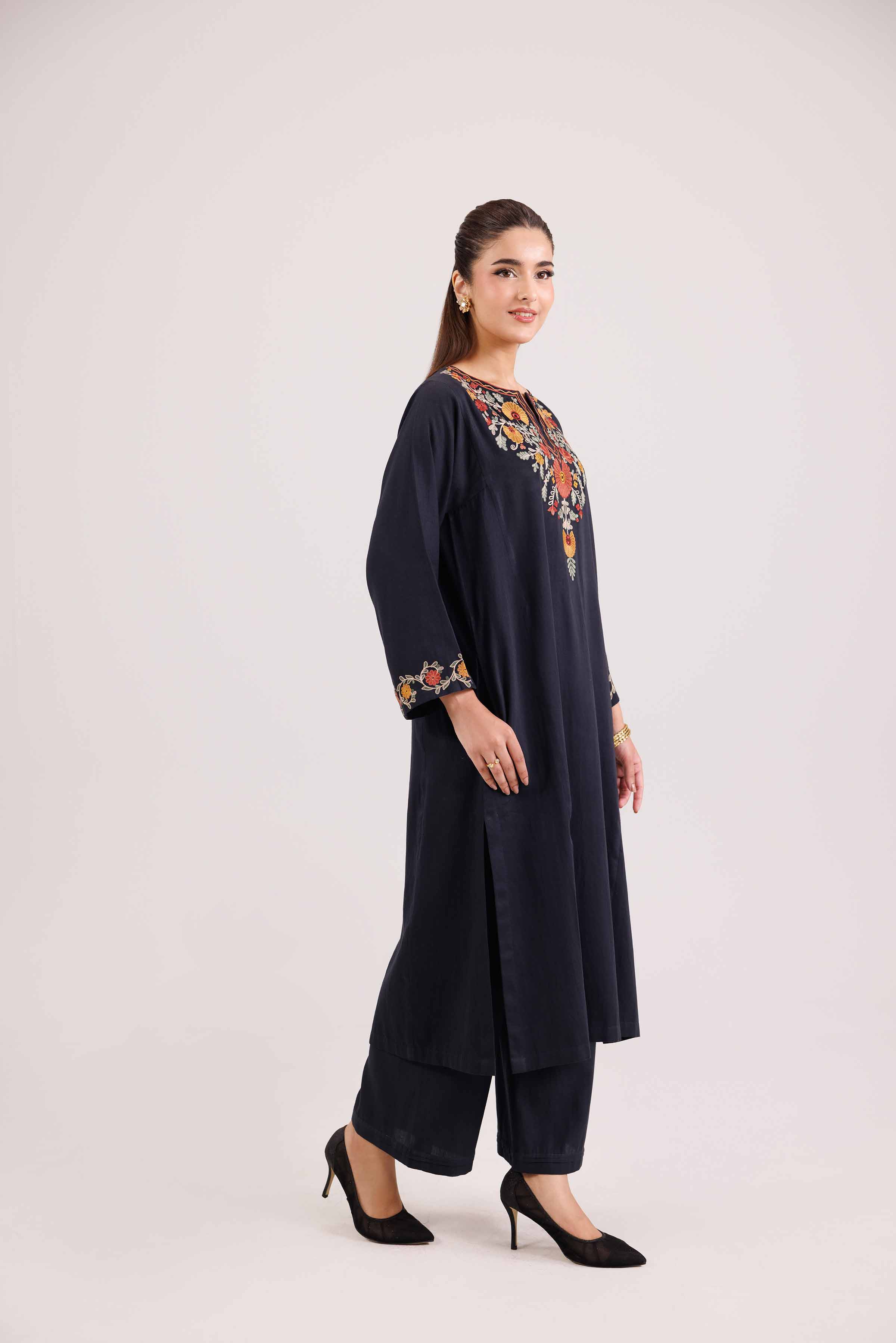 NishatUAE -  Black Embroidered Satin 2-piece Ready to wear Dress