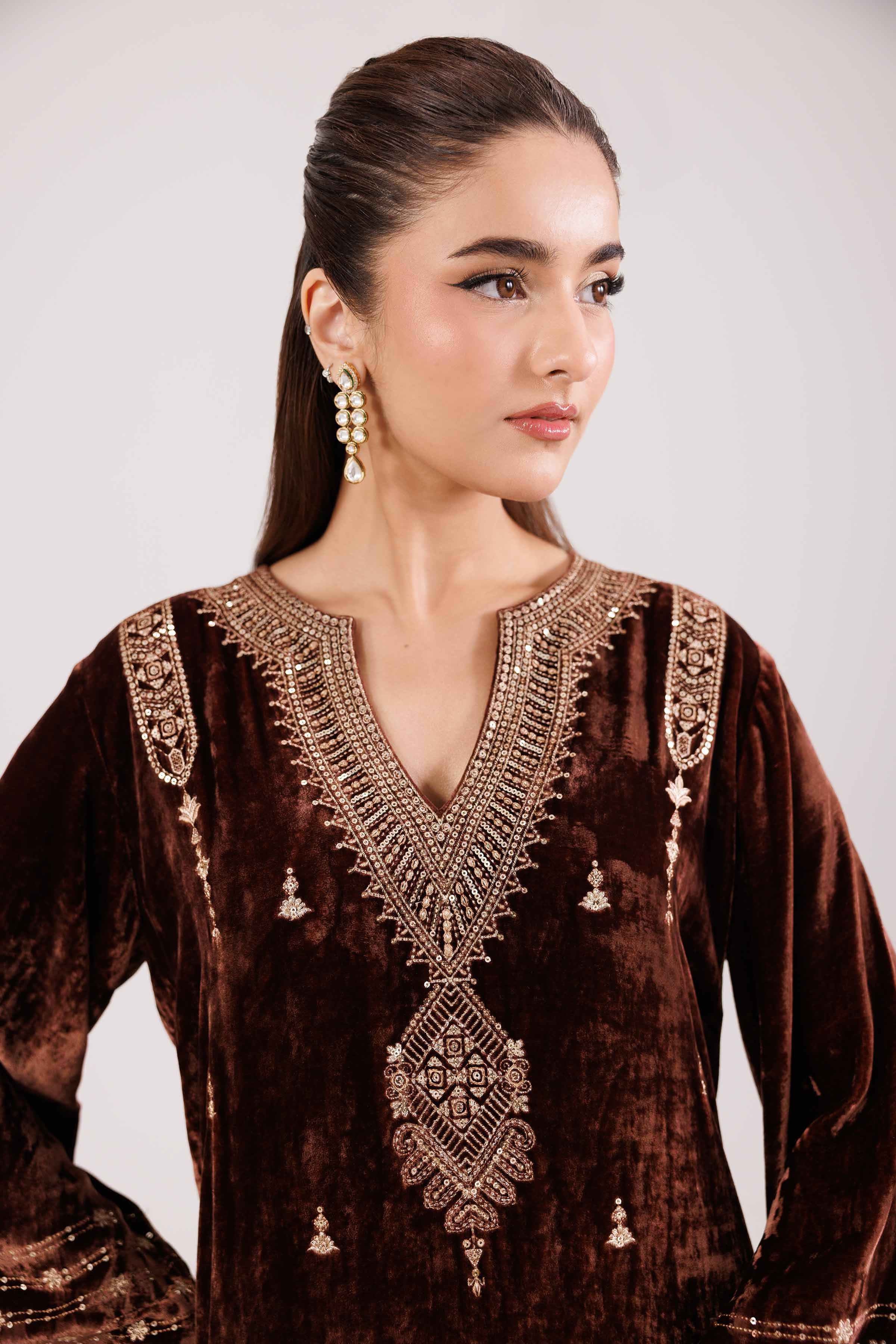 NISHATUAE - Brown Embroidered Velvet 2-piece Ready to wear Dress