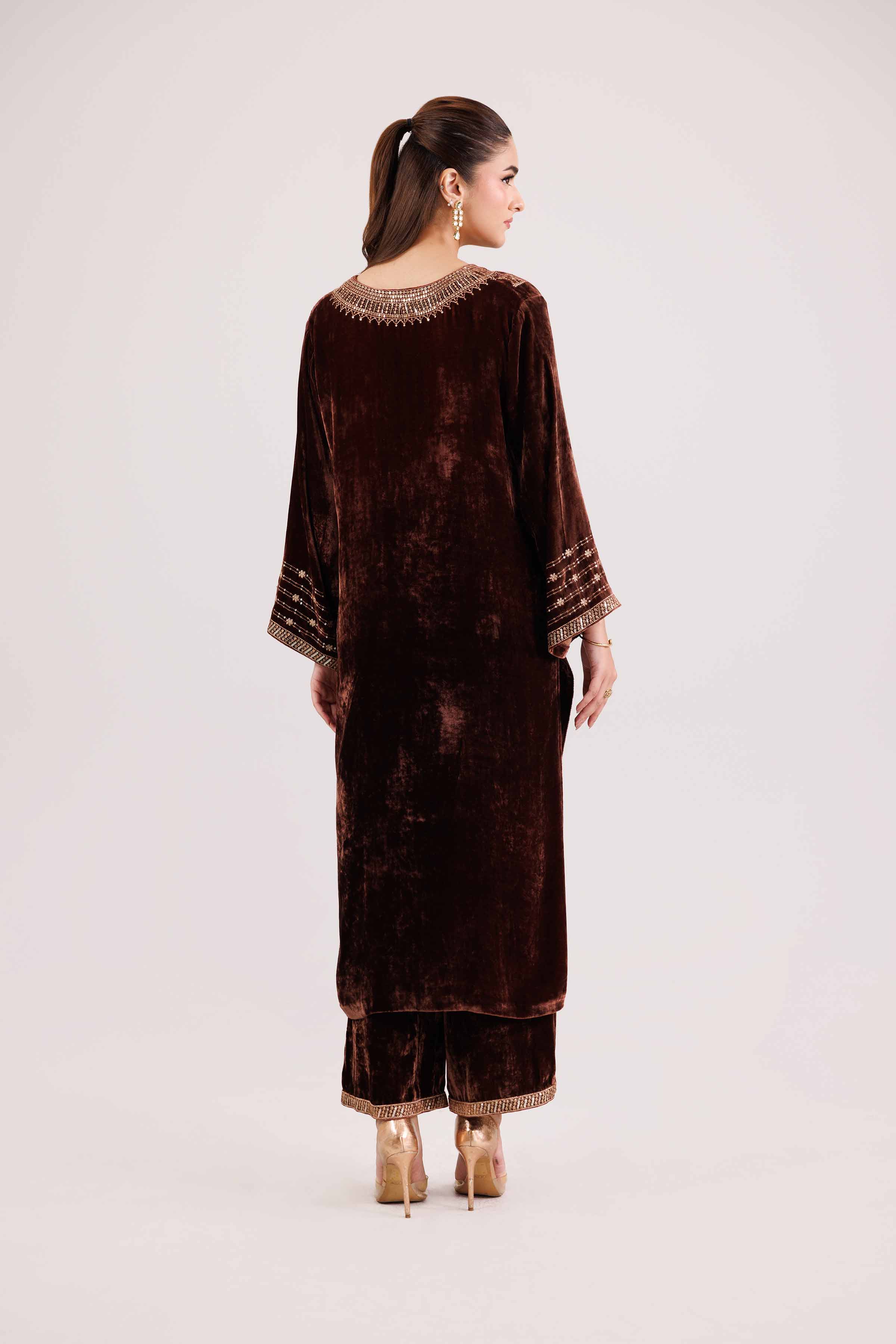 NISHATUAE - Brown Embroidered Velvet 2-piece Ready to wear Dress