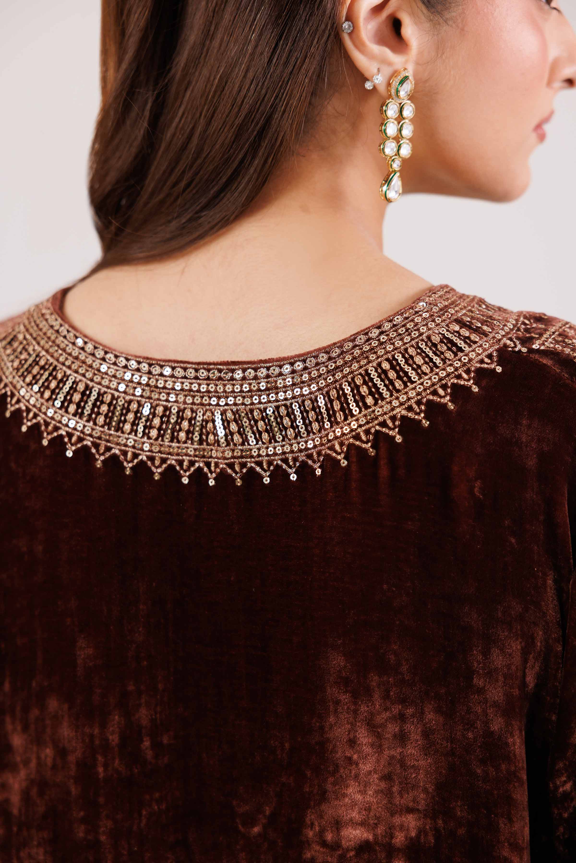 NISHATUAE - Brown Embroidered Velvet 2-piece Ready to wear Dress