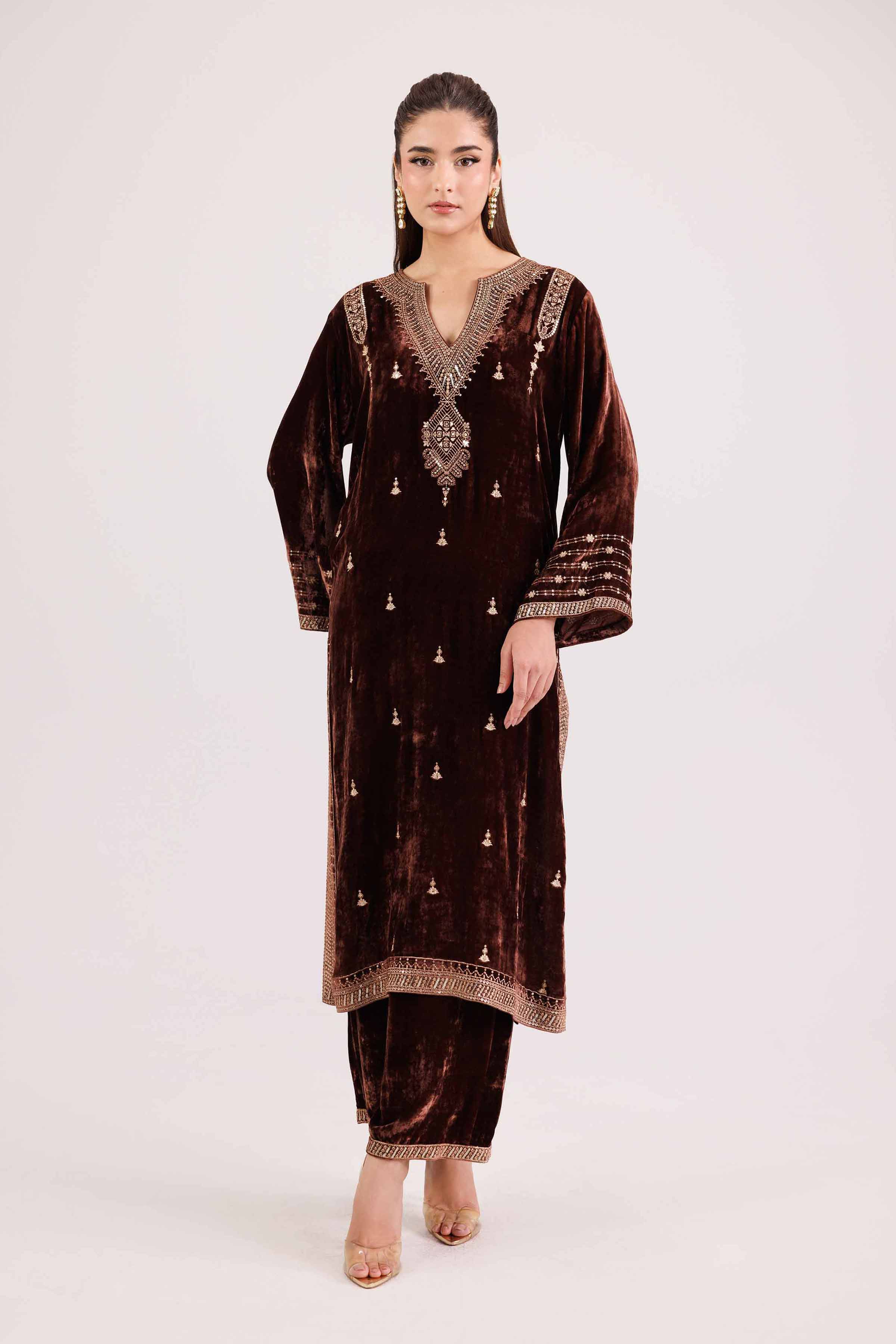 NISHATUAE - Brown Embroidered Velvet 2-piece Ready to wear Dress