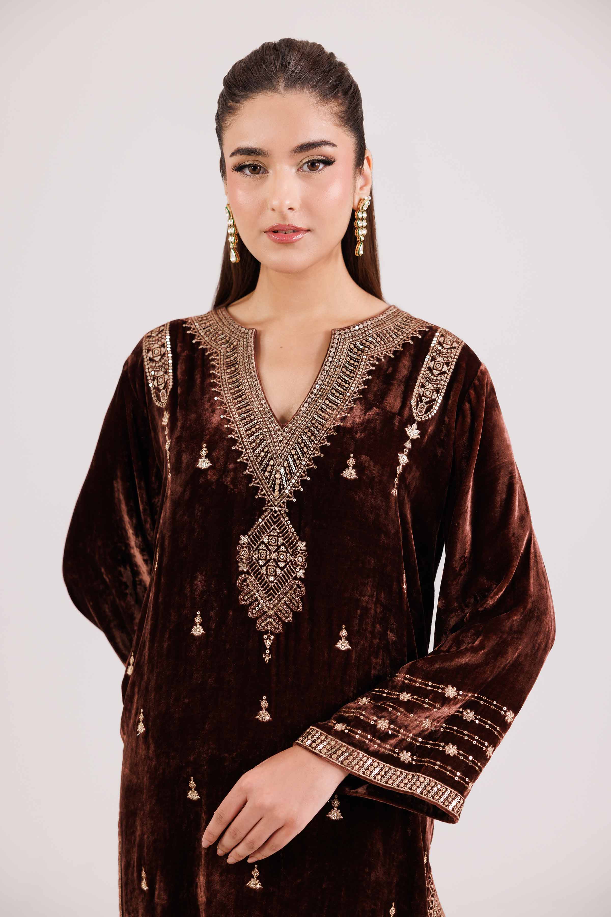 NISHATUAE - Brown Embroidered Velvet 2-piece Ready to wear Dress