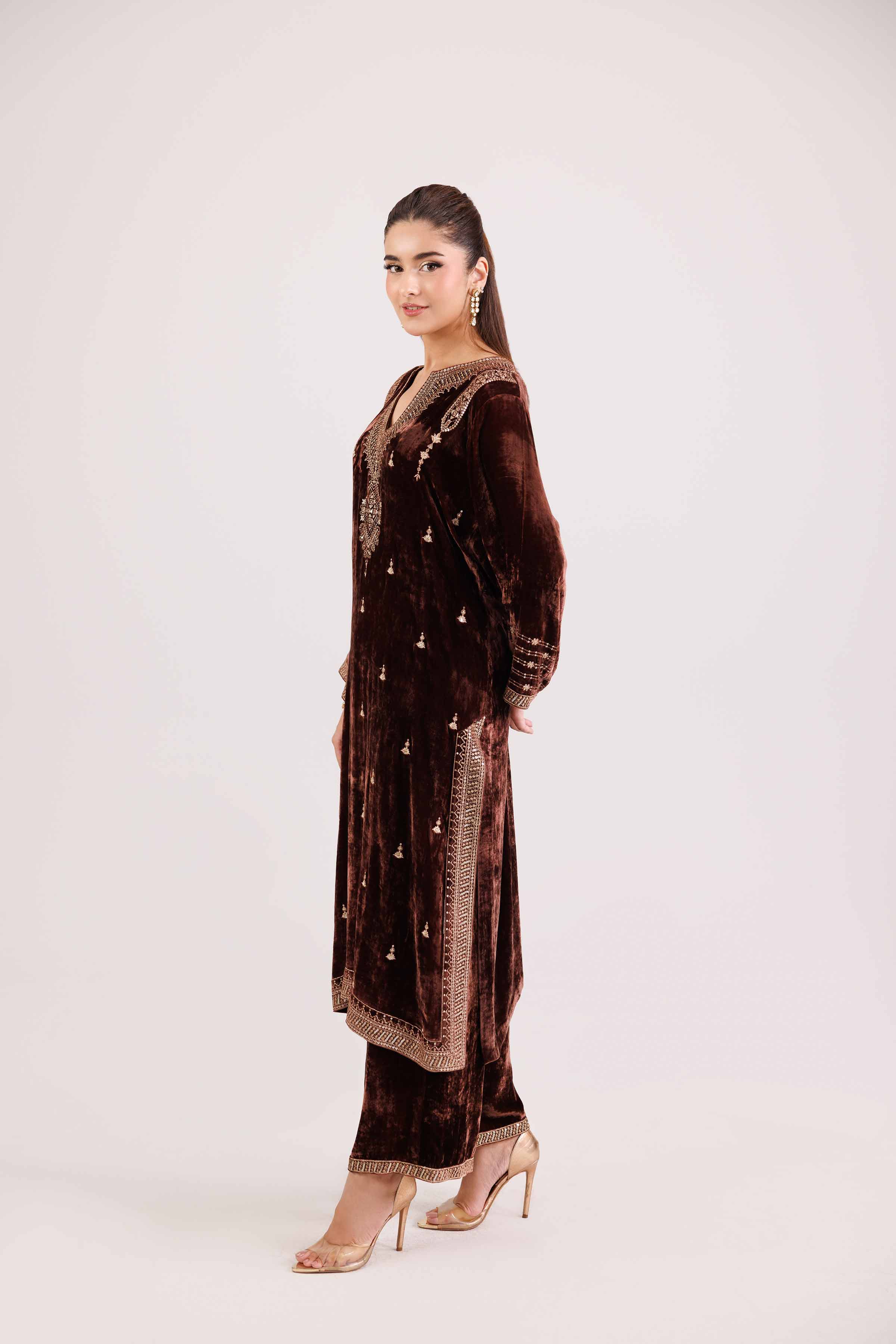 NISHATUAE - Brown Embroidered Velvet 2-piece Ready to wear Dress