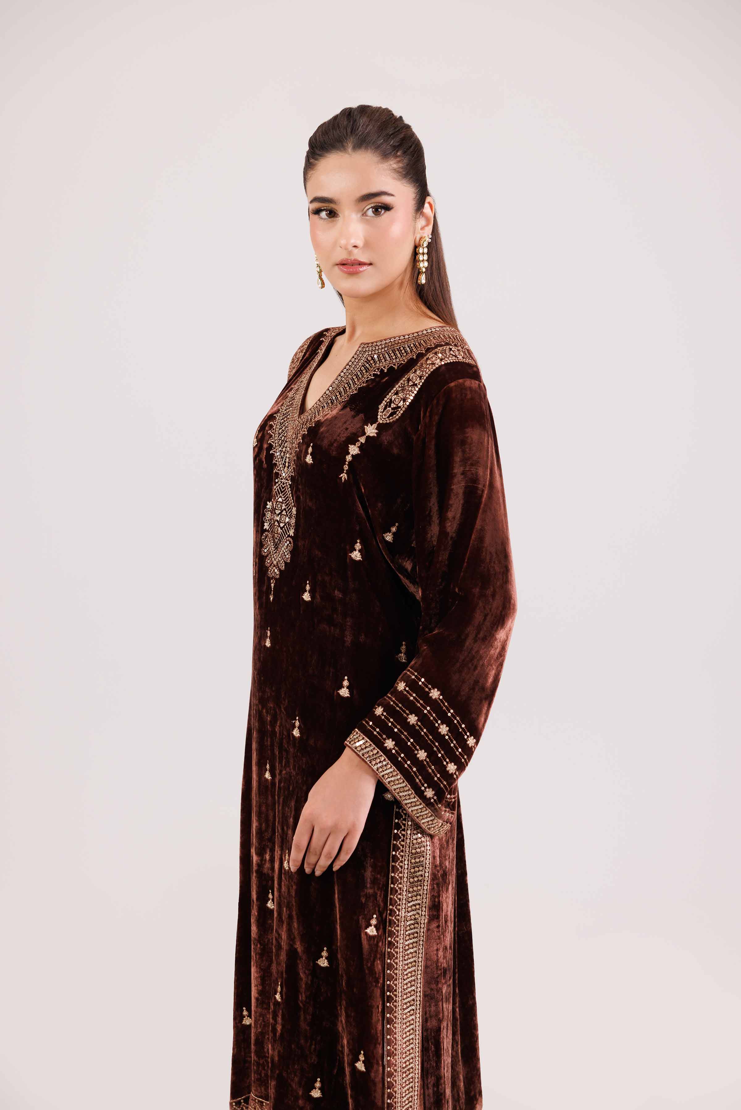 NISHATUAE - Brown Embroidered Velvet 2-piece Ready to wear Dress