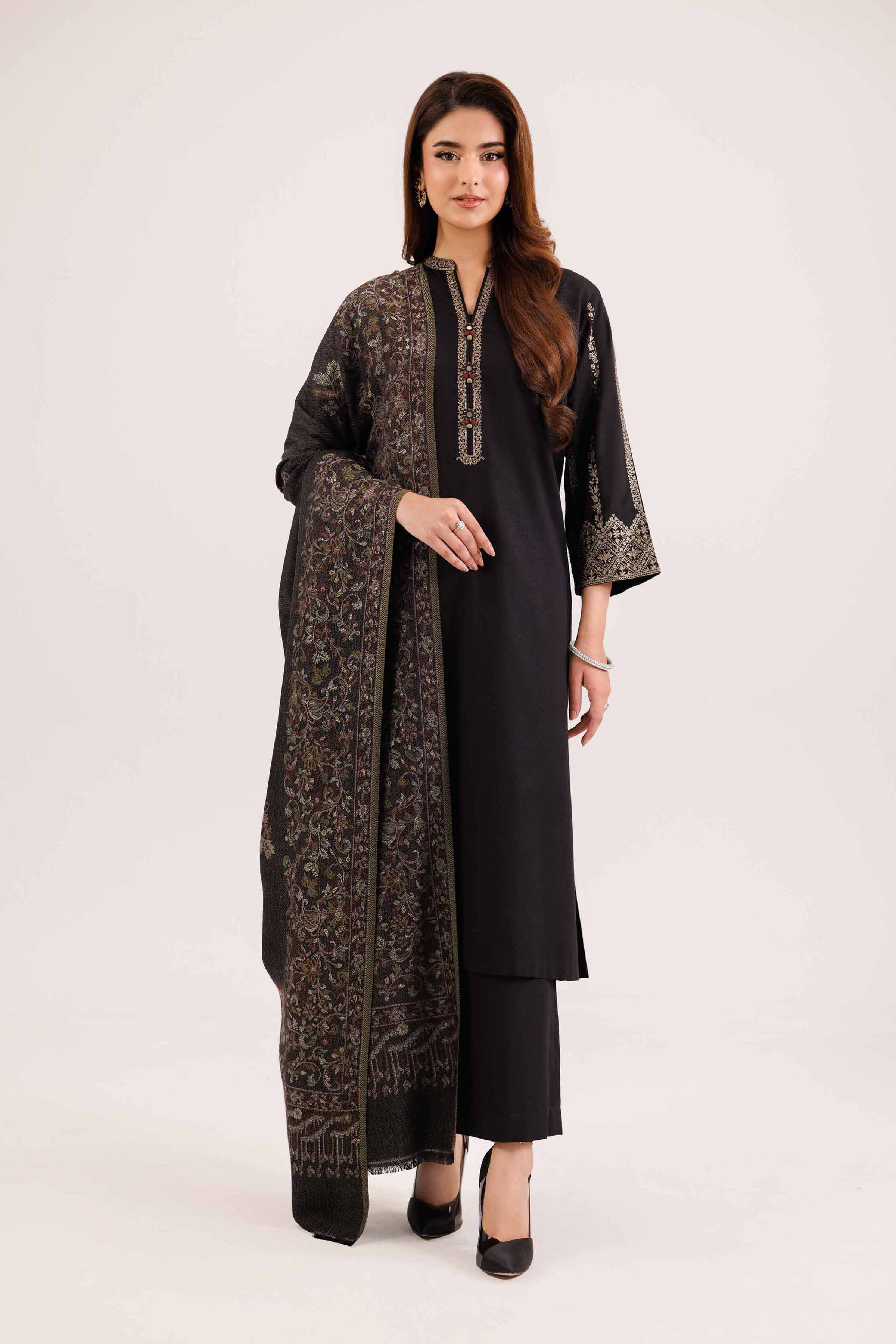 NISHATUAE - Black Embroidered Karandi 3-piece Ready to wear Suit