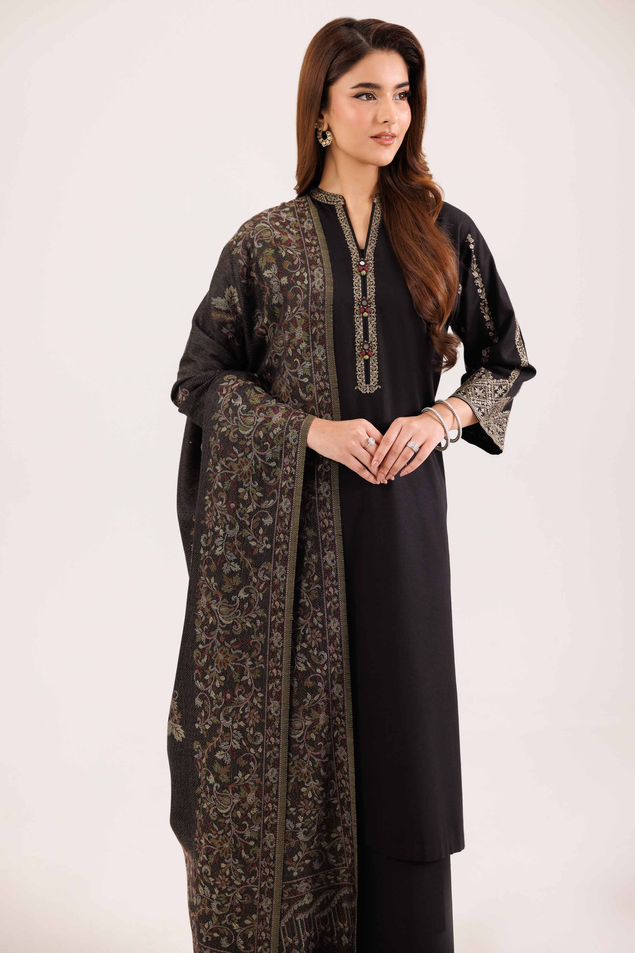 NISHATUAE - Black Embroidered Karandi 3-piece Ready to wear Suit