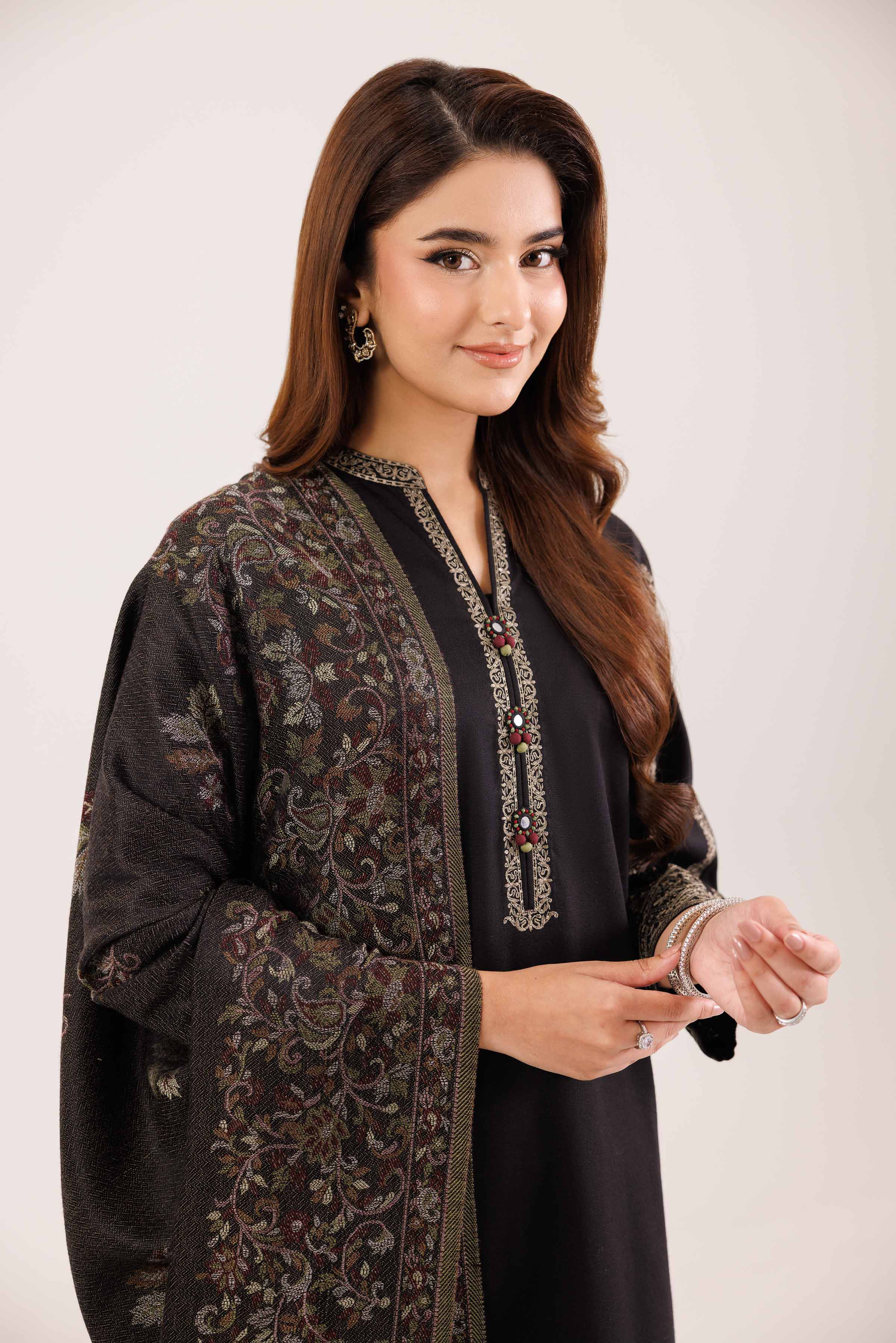 NISHATUAE - Black Embroidered Karandi 3-piece Ready to wear Suit