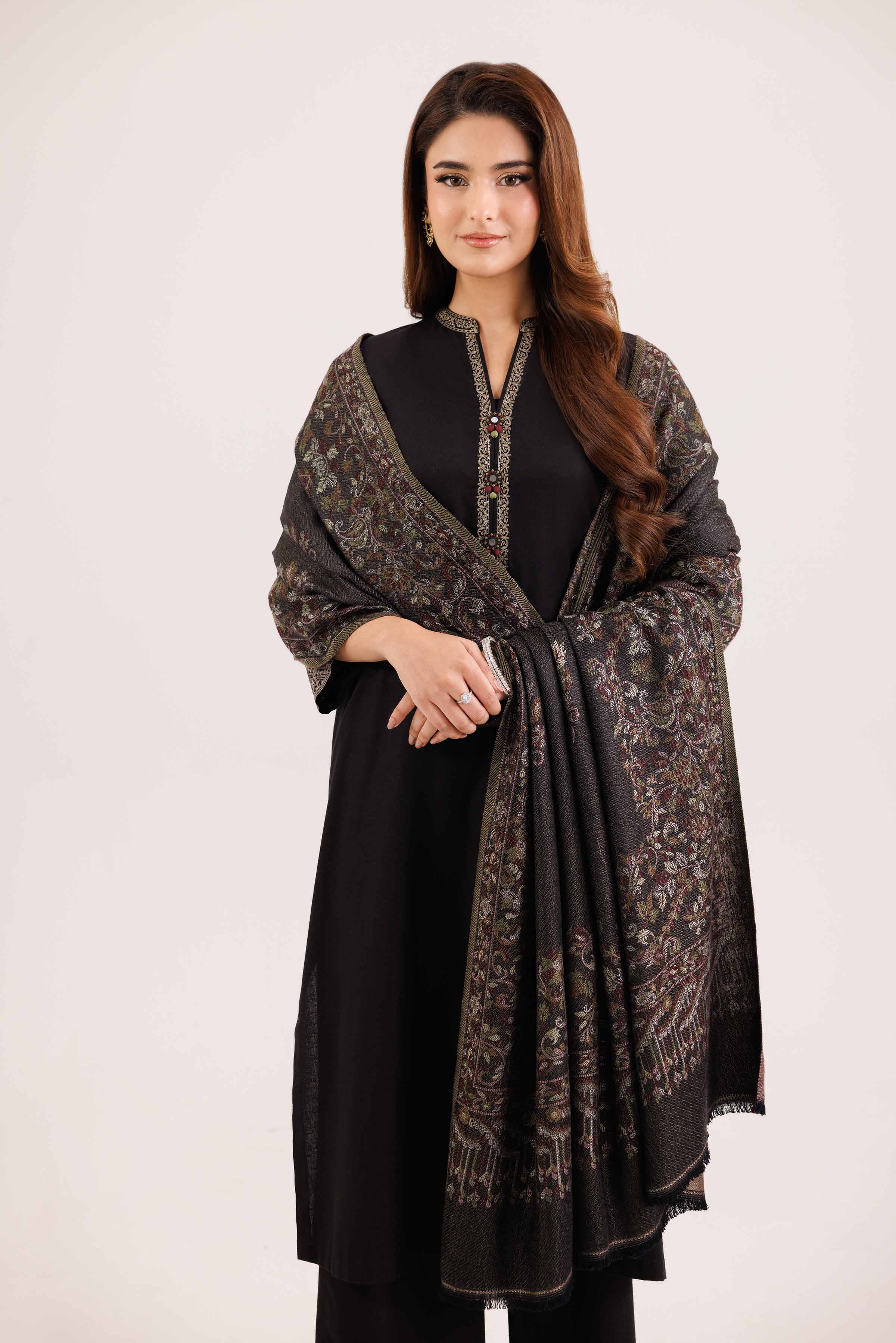 NISHATUAE - Black Embroidered Karandi 3-piece Ready to wear Suit
