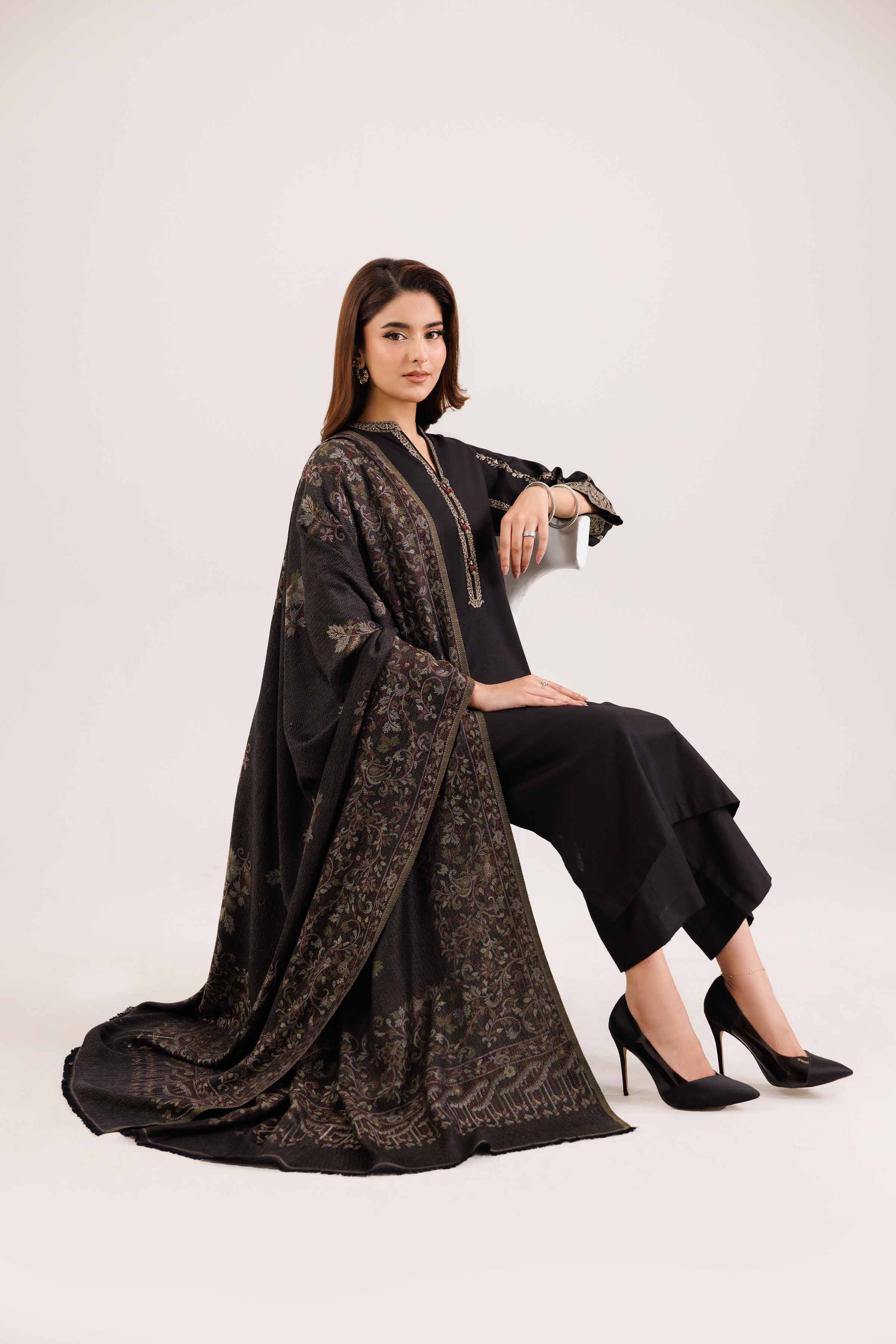 NISHATUAE - Black Embroidered Karandi 3-piece Ready to wear Suit