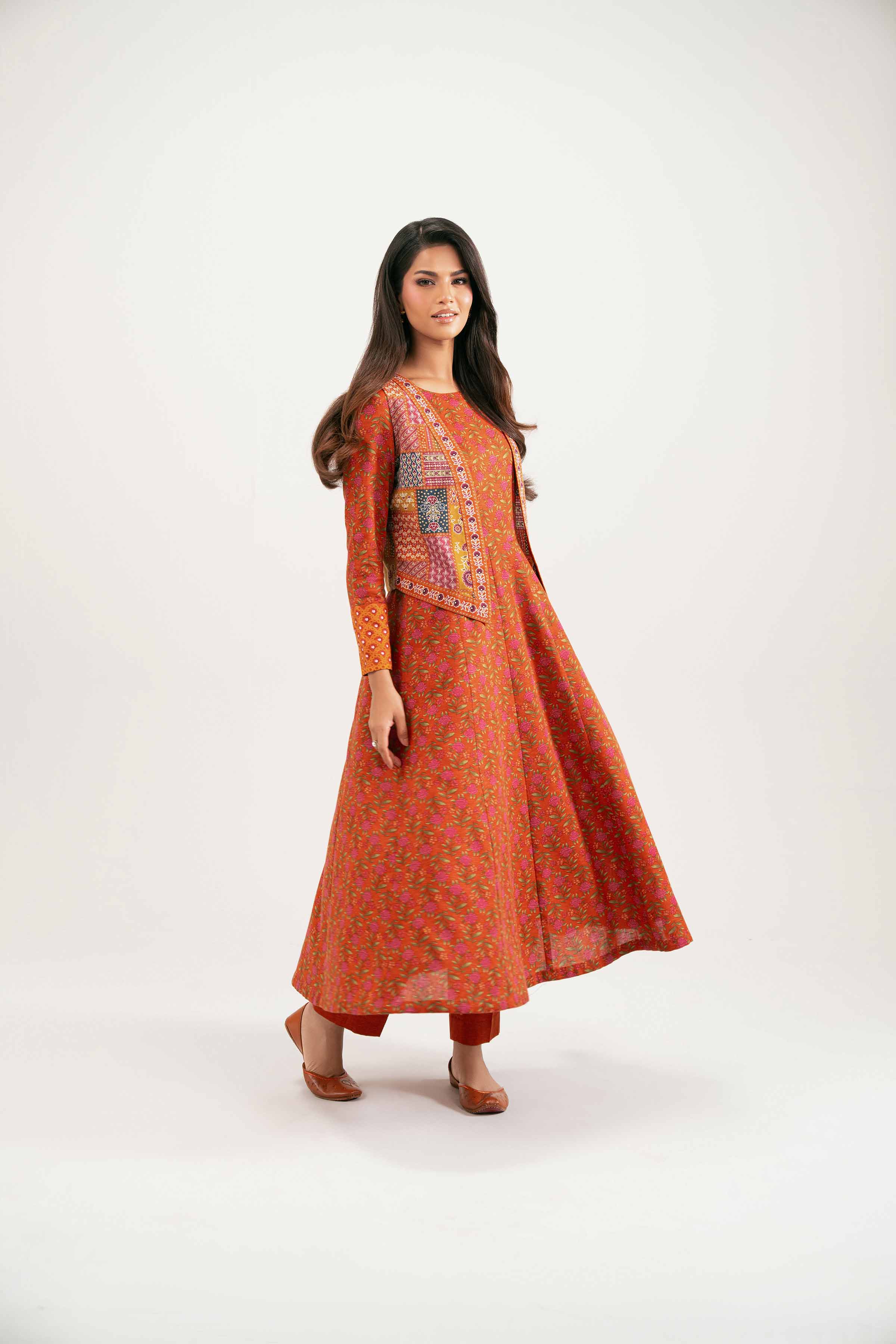 NISHATUAE - Orange Printed Karandi 3-piece Ready to wear Suit