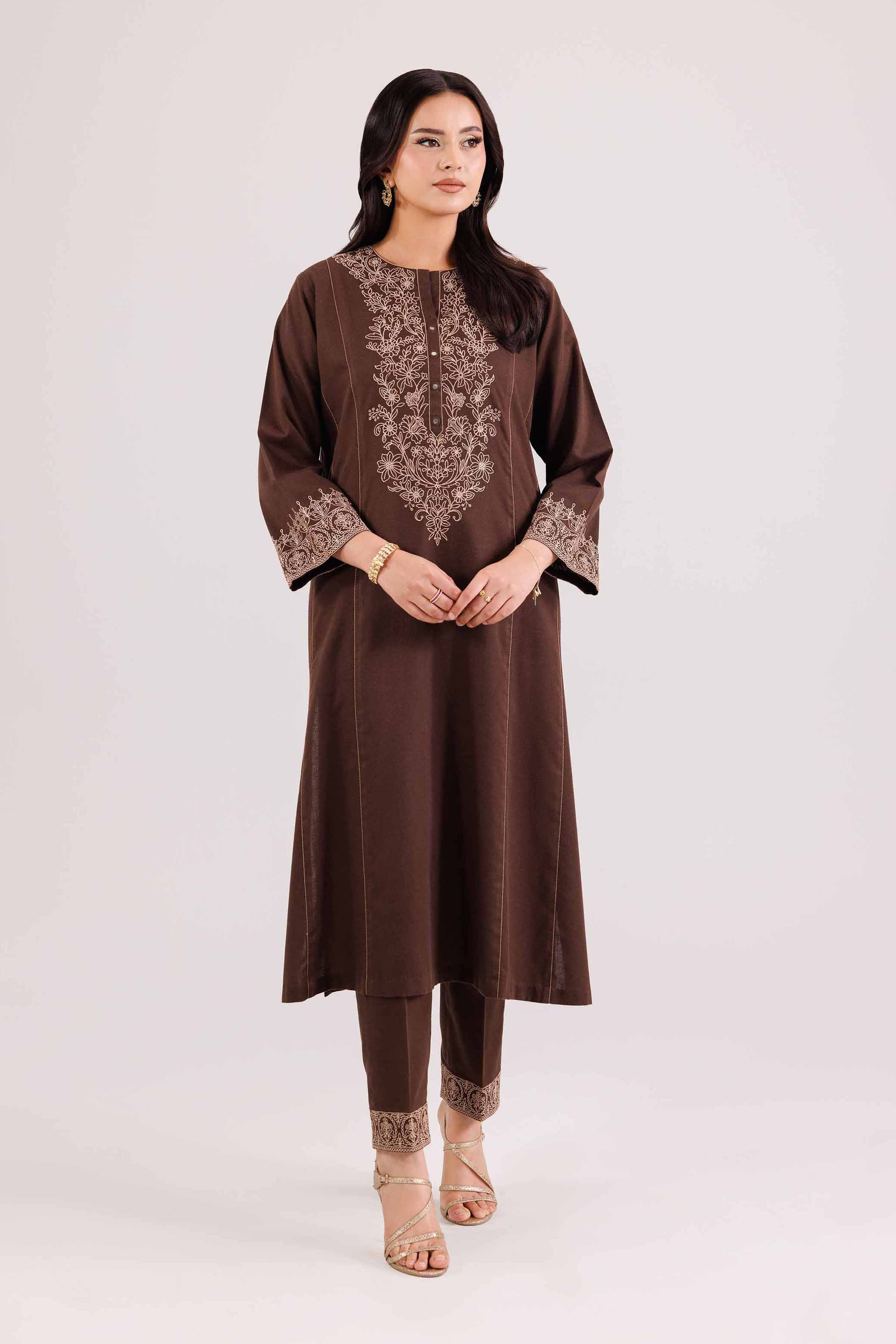NISHATUAE - Brown Embroidered Karandi 2-piece Ready to wear Dress
