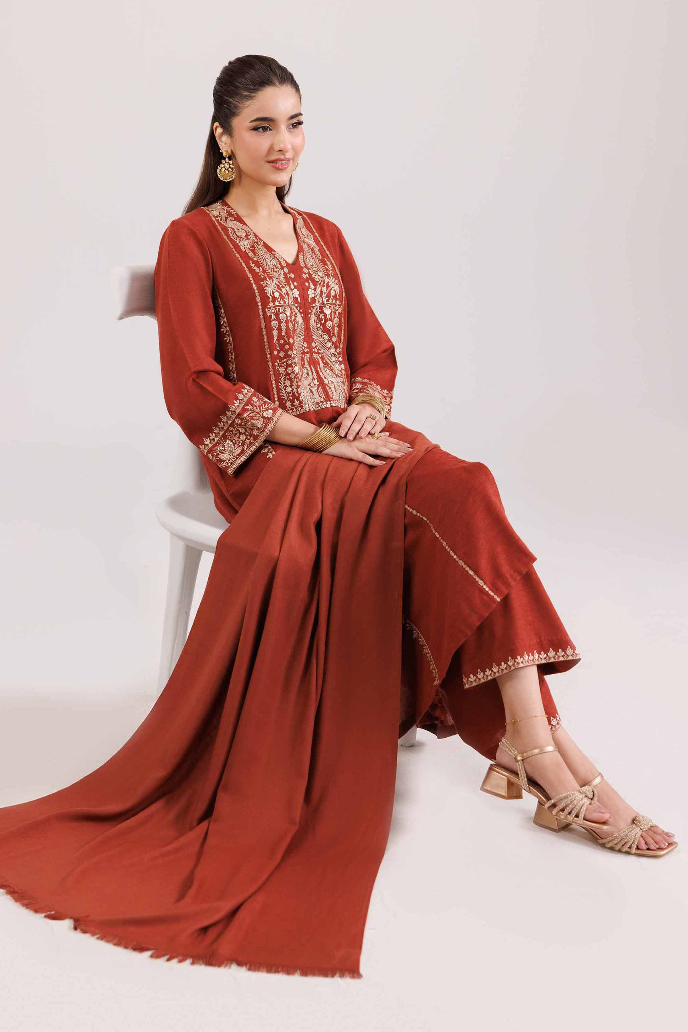 NISHATUAE - Red Embroidered Karandi 3-piece Ready to wear Suit