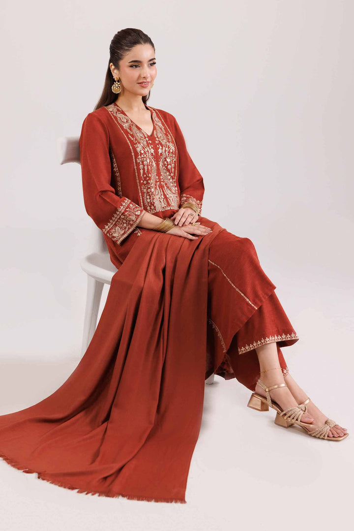 NISHATUAE - Red Embroidered Karandi 3-piece Ready to wear Suit