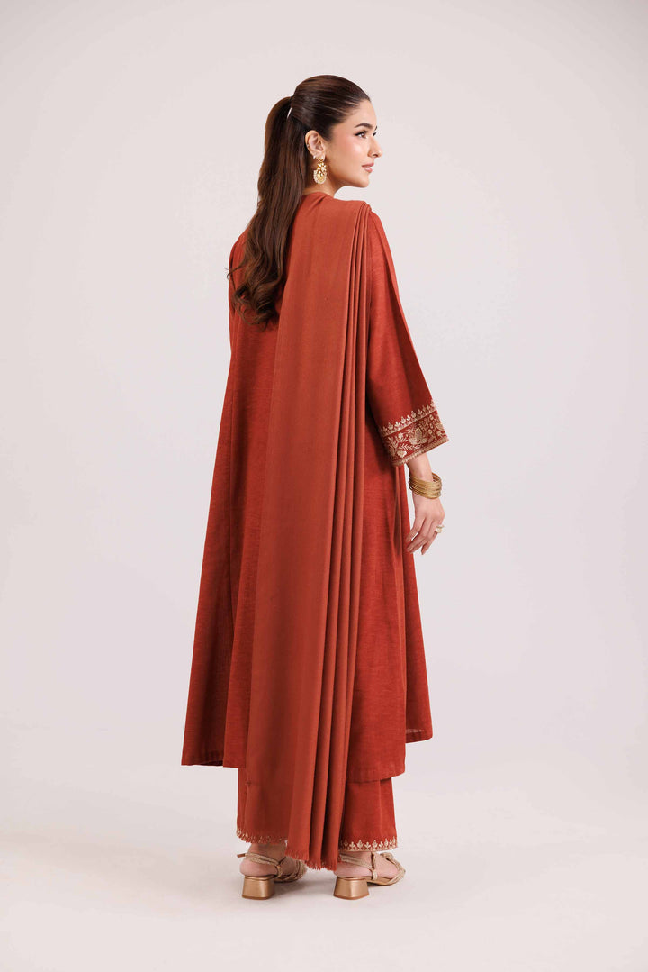 NISHATUAE - Red Embroidered Karandi 3-piece Ready to wear Suit