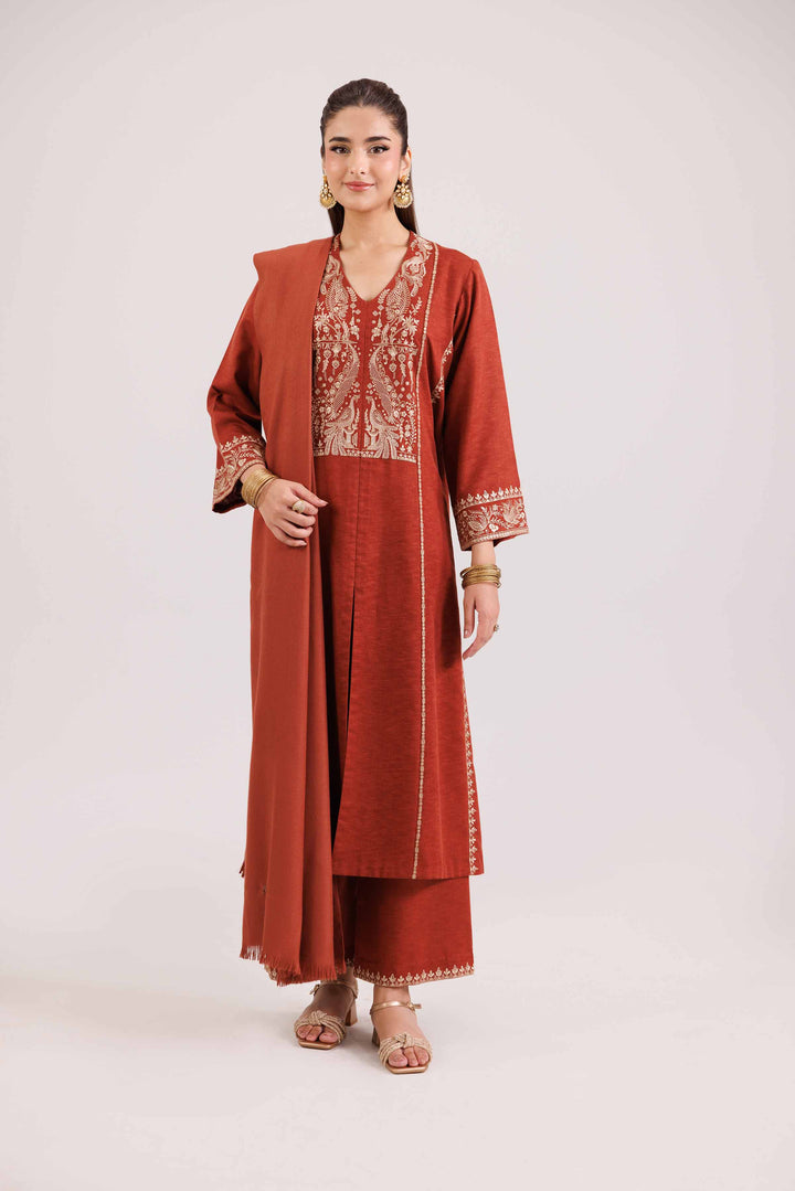 NISHATUAE - Red Embroidered Karandi 3-piece Ready to wear Suit