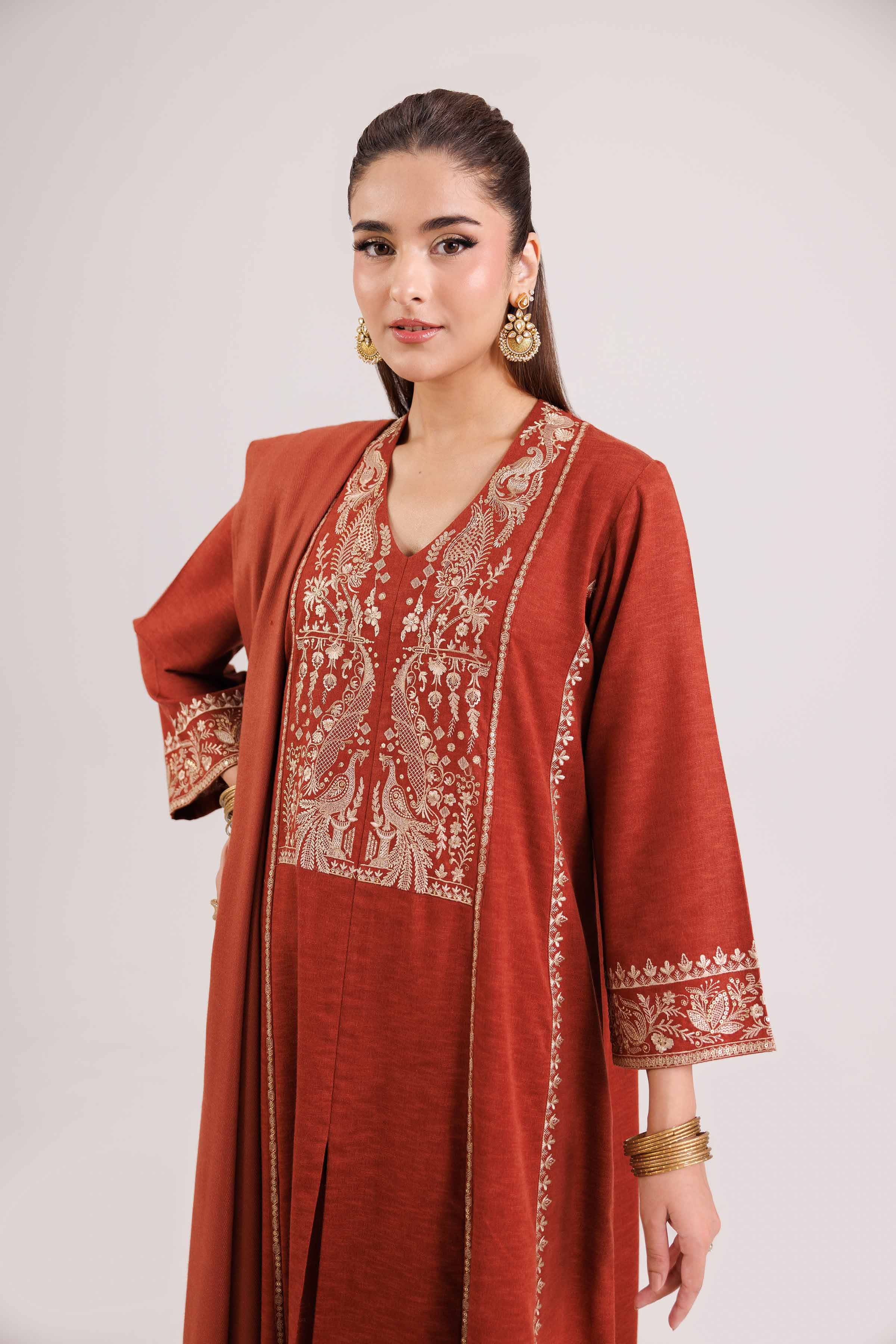 NISHATUAE - Red Embroidered Karandi 3-piece Ready to wear Suit