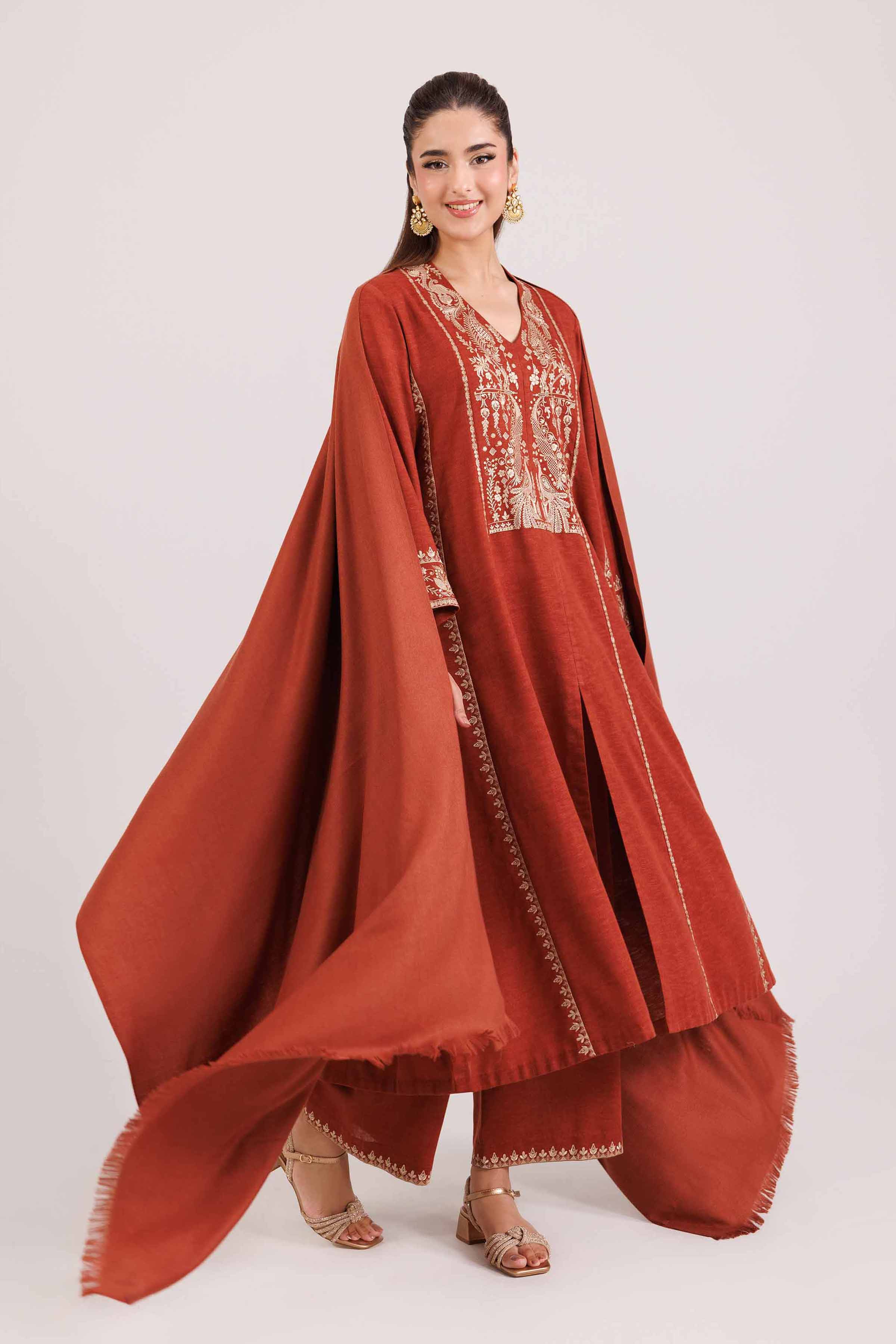NISHATUAE - Red Embroidered Karandi 3-piece Ready to wear Suit