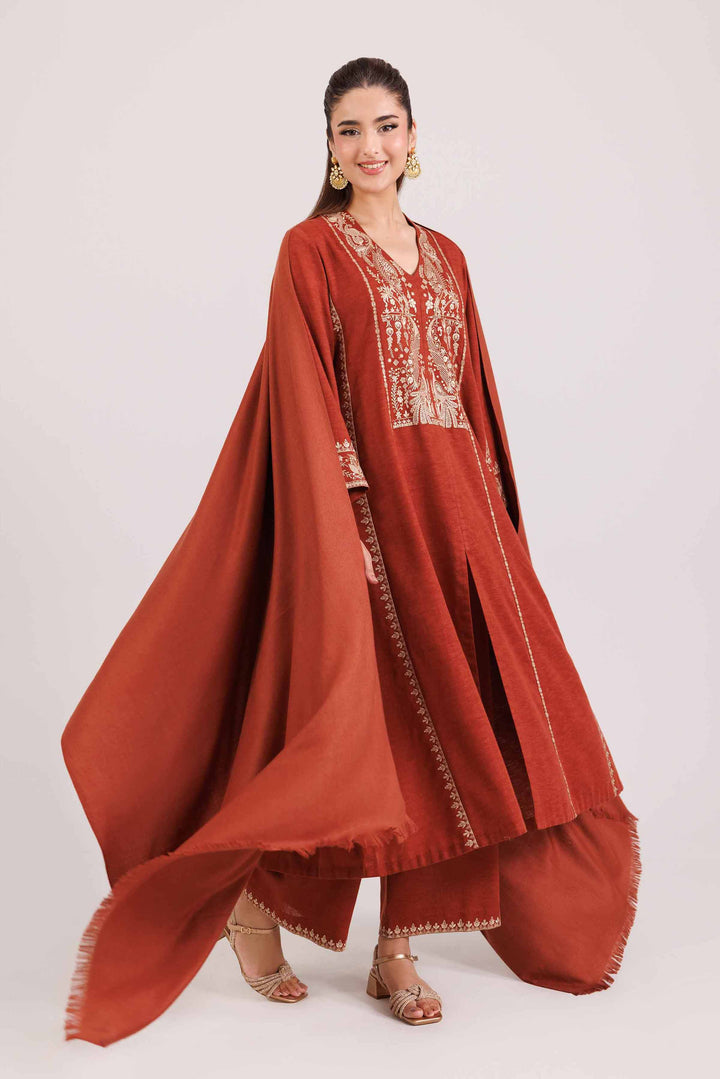 NISHATUAE - Red Embroidered Karandi 3-piece Ready to wear Suit