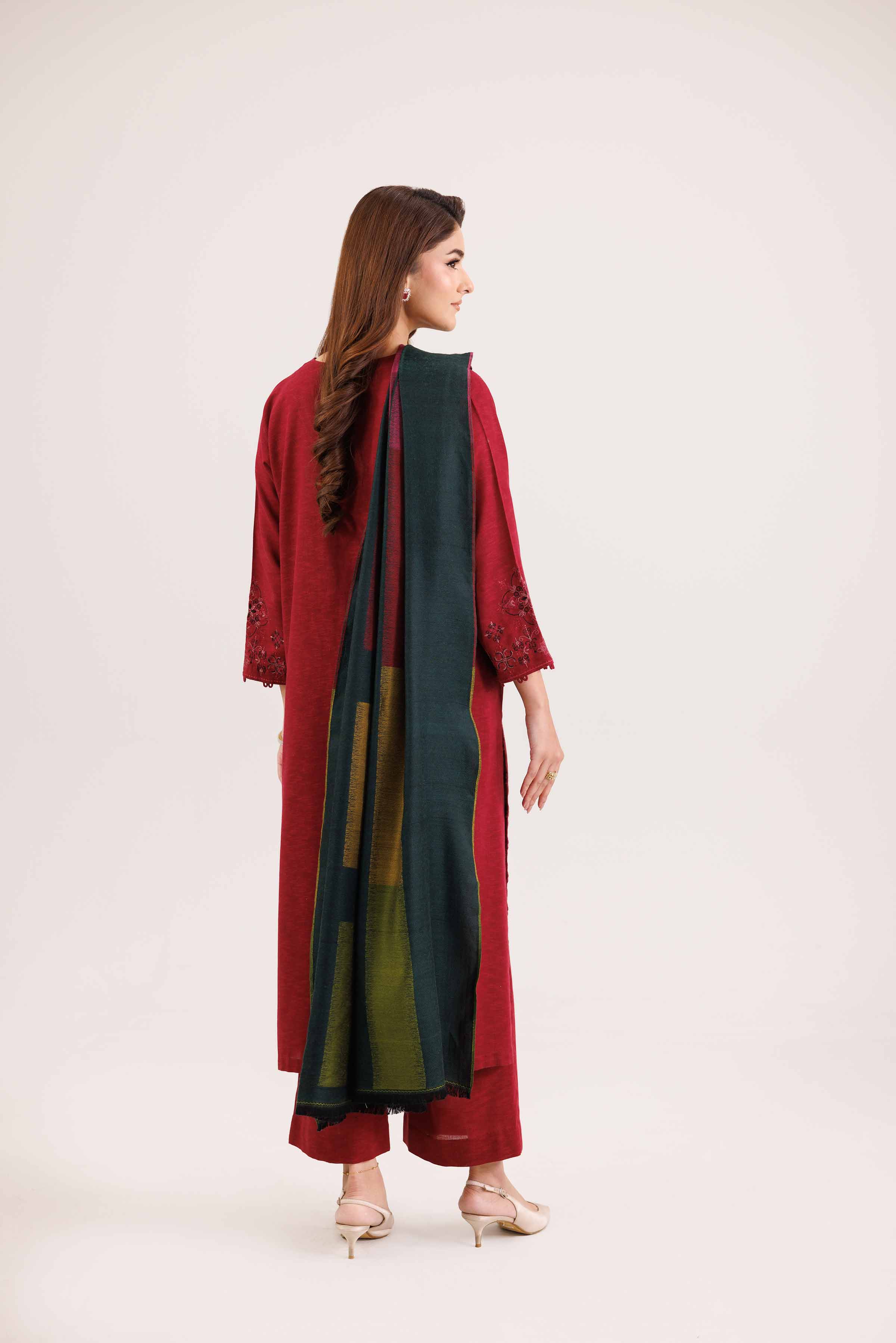 NISHATUAE - Red Embroidered Karandi 3-piece Ready to wear Suit