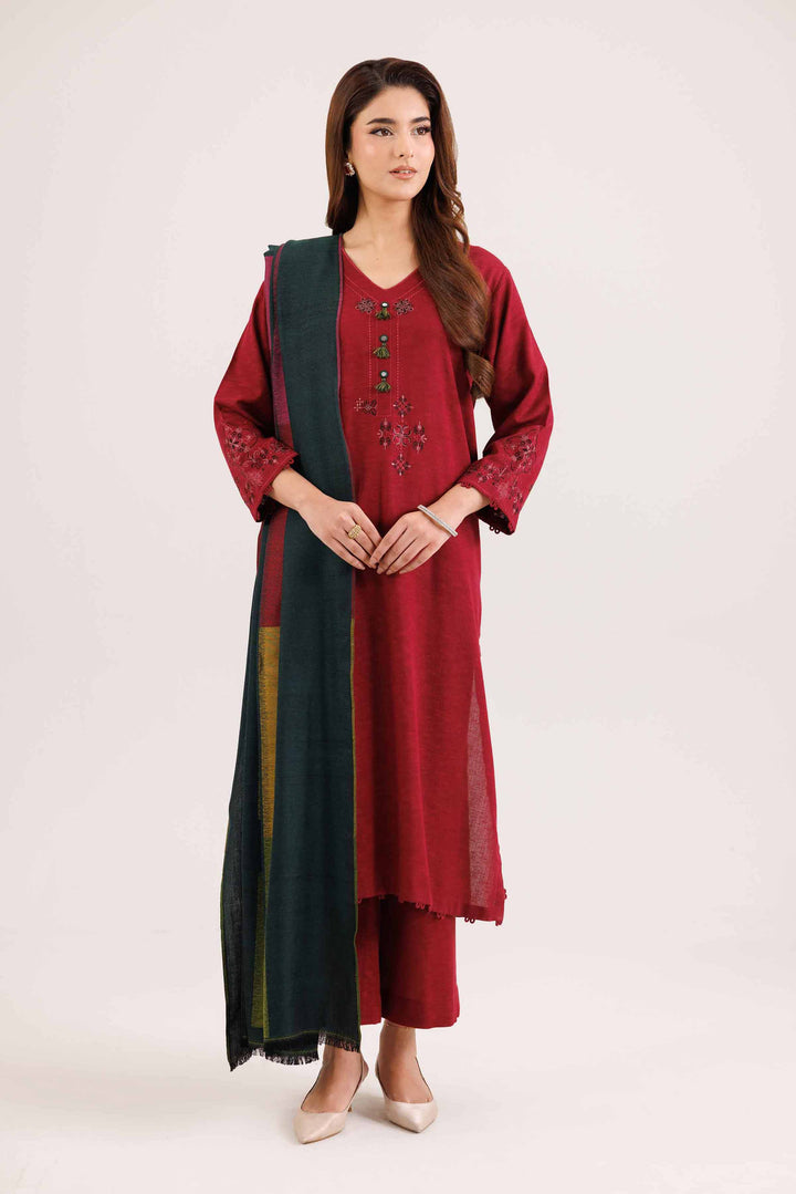 NISHATUAE - Red Embroidered Karandi 3-piece Ready to wear Suit