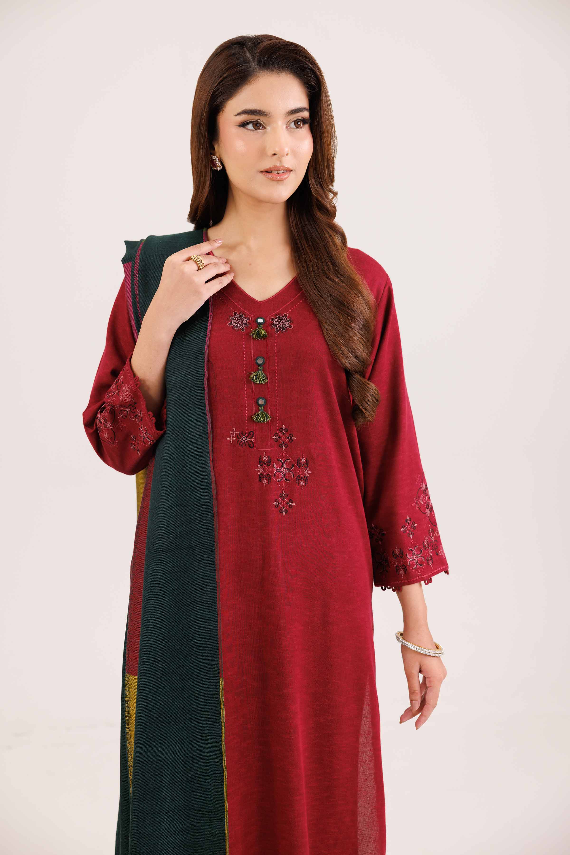 NISHATUAE - Red Embroidered Karandi 3-piece Ready to wear Suit