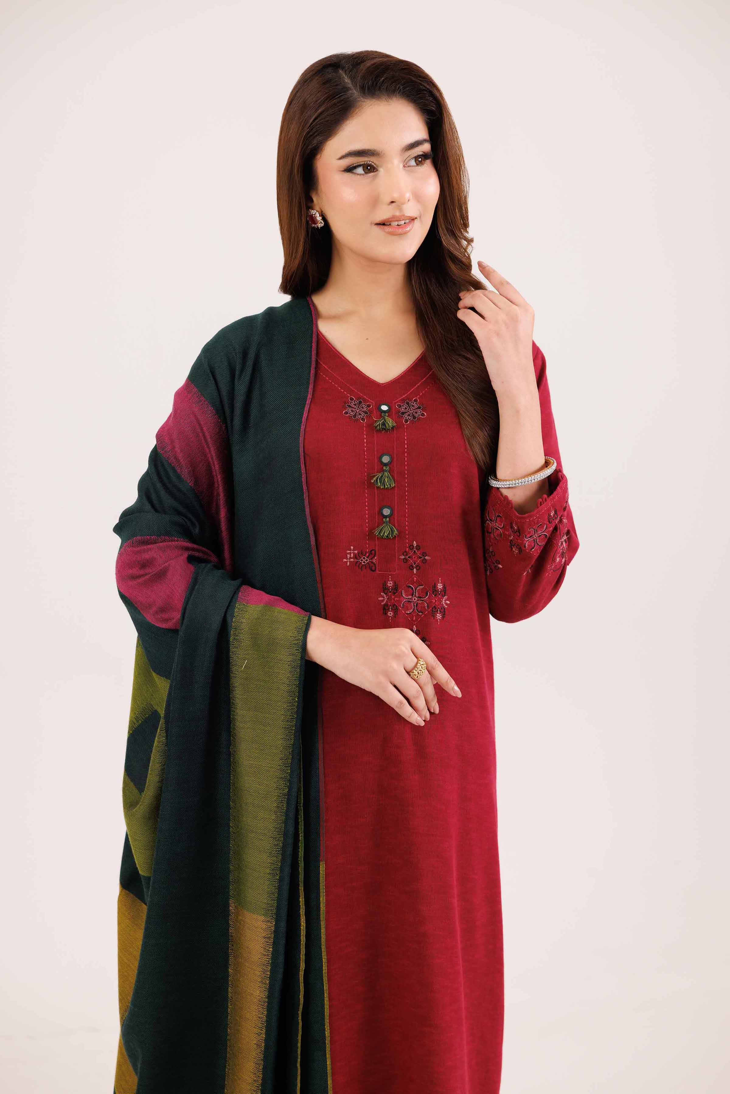 NISHATUAE - Red Embroidered Karandi 3-piece Ready to wear Suit