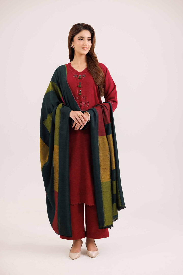 NISHATUAE - Red Embroidered Karandi 3-piece Ready to wear Suit