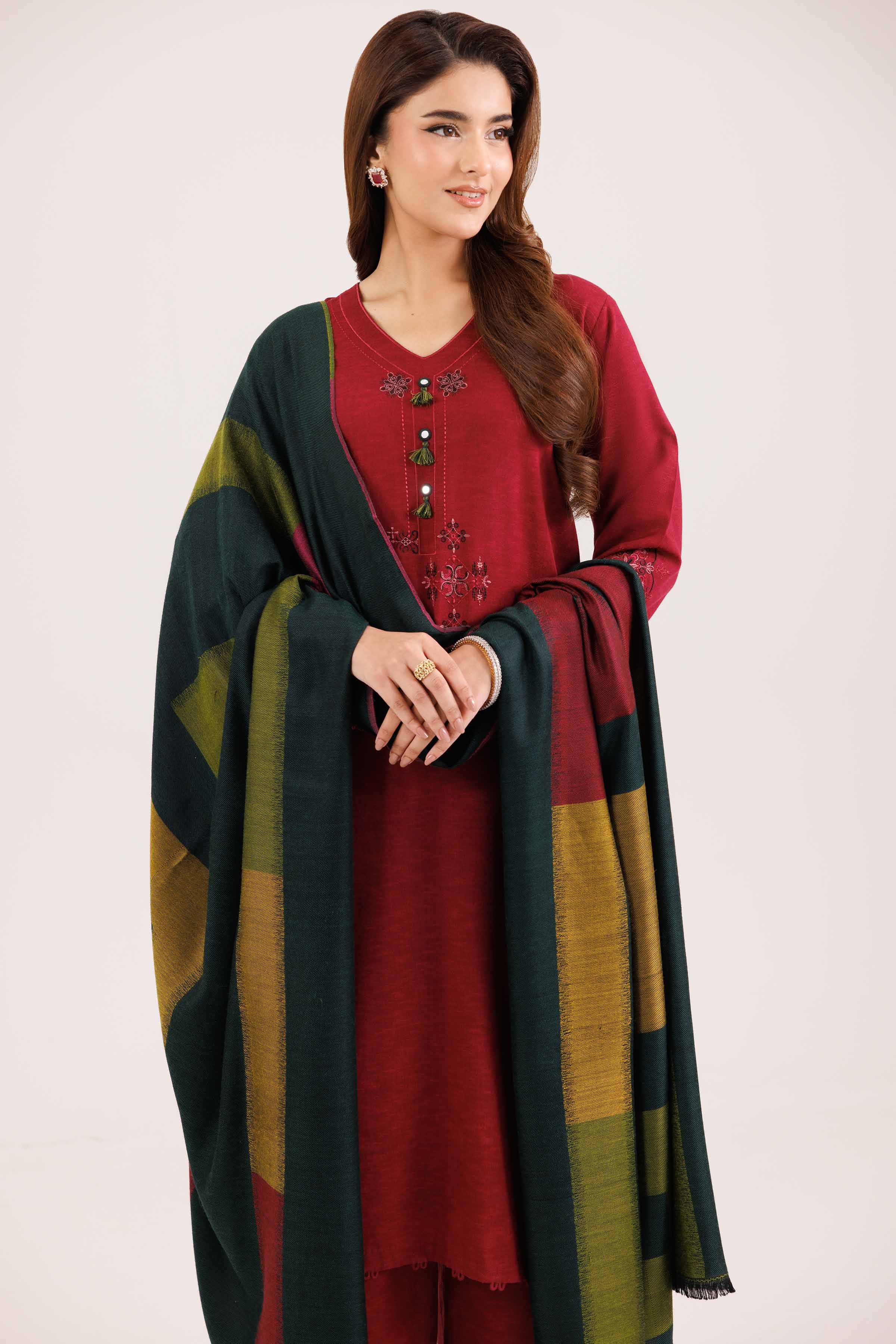 NISHATUAE - Red Embroidered Karandi 3-piece Ready to wear Suit