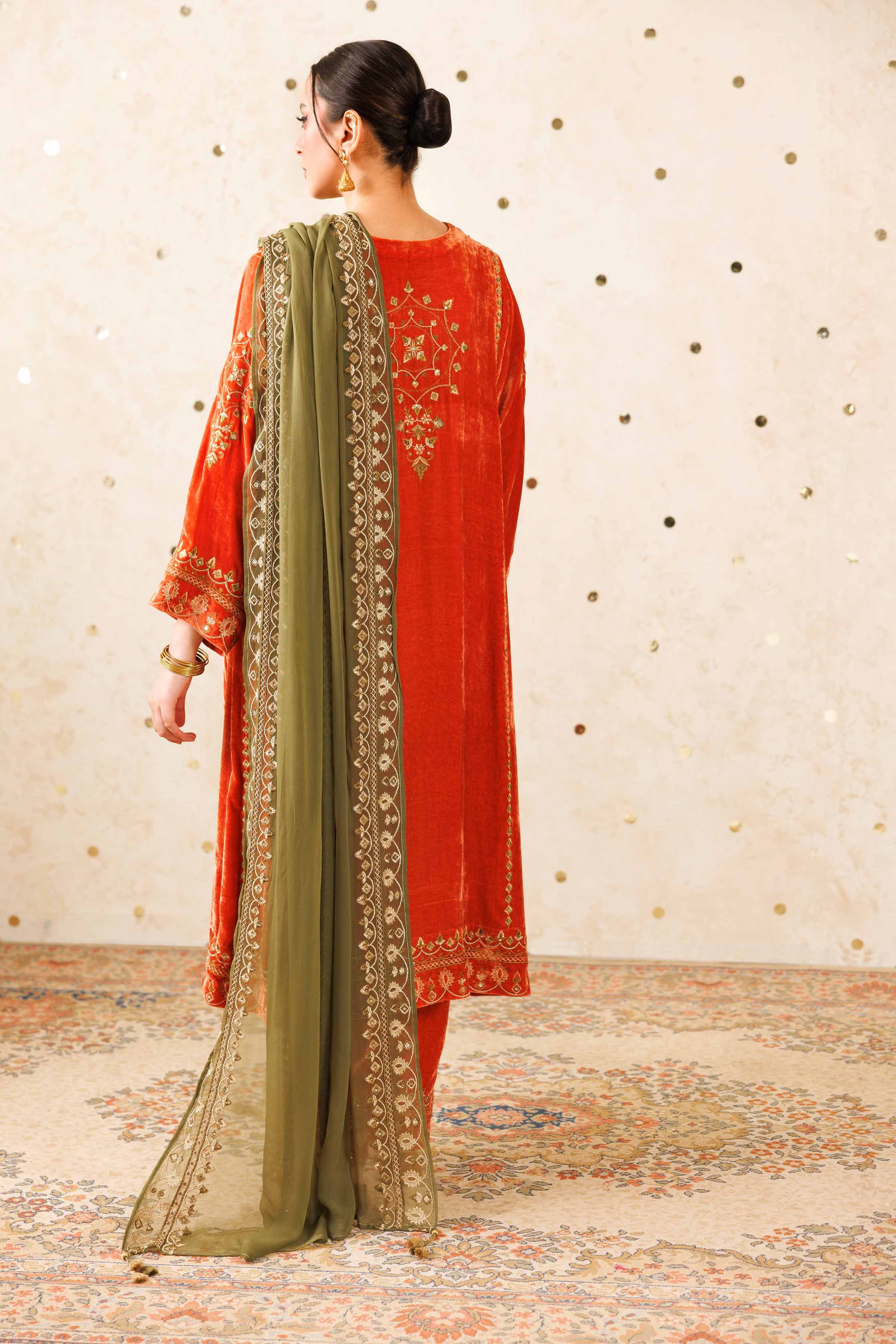 NISHATUAE - Orange Embroidered Velvet 3-piece Ready to wear Suit