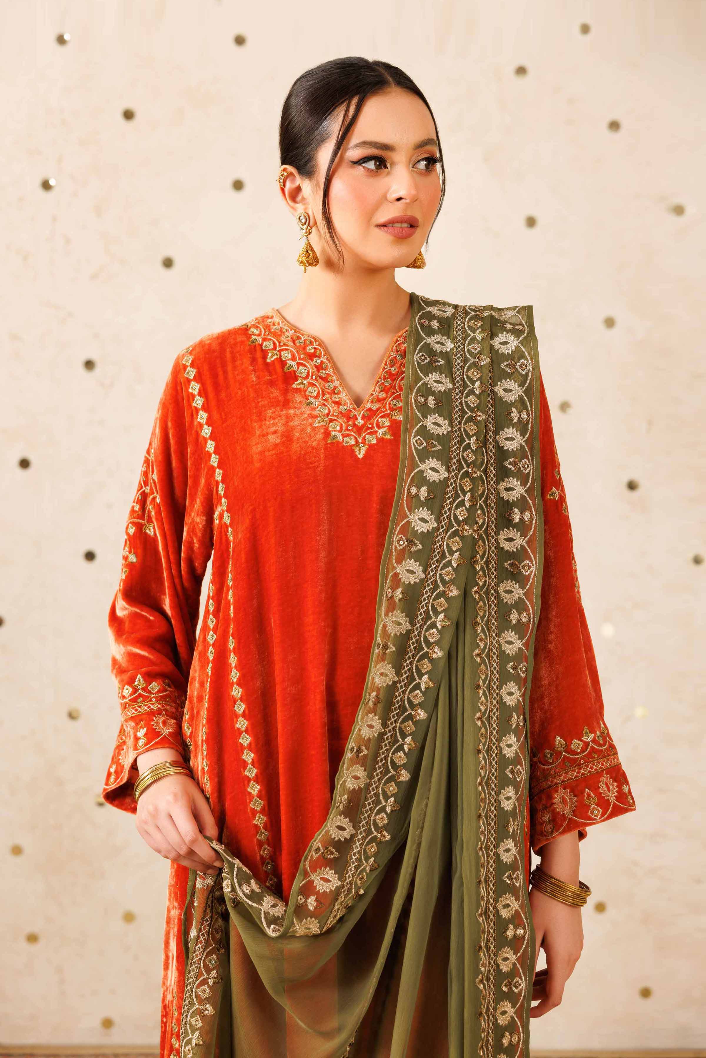 NISHATUAE - Orange Embroidered Velvet 3-piece Ready to wear Suit