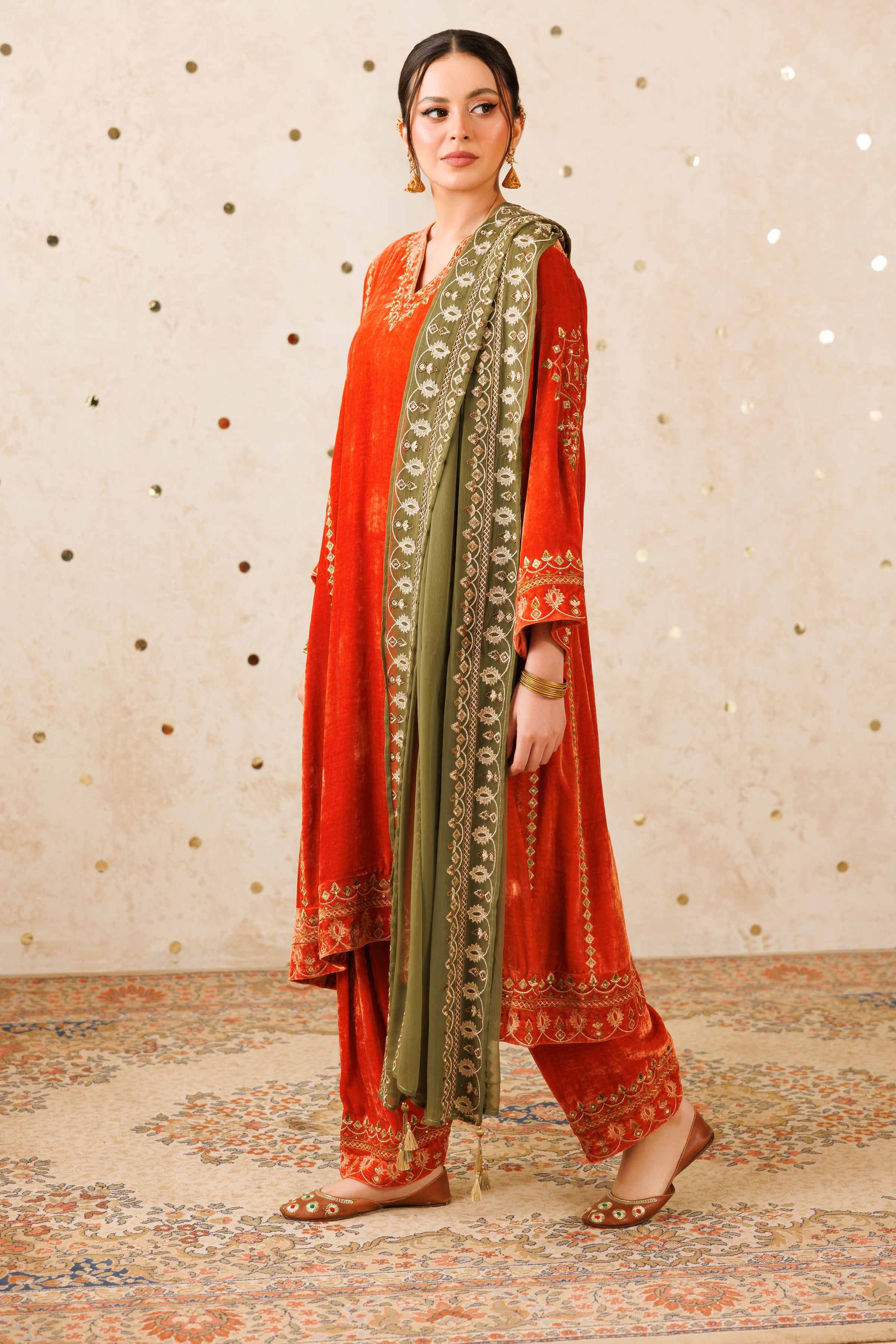 NISHATUAE - Orange Embroidered Velvet 3-piece Ready to wear Suit