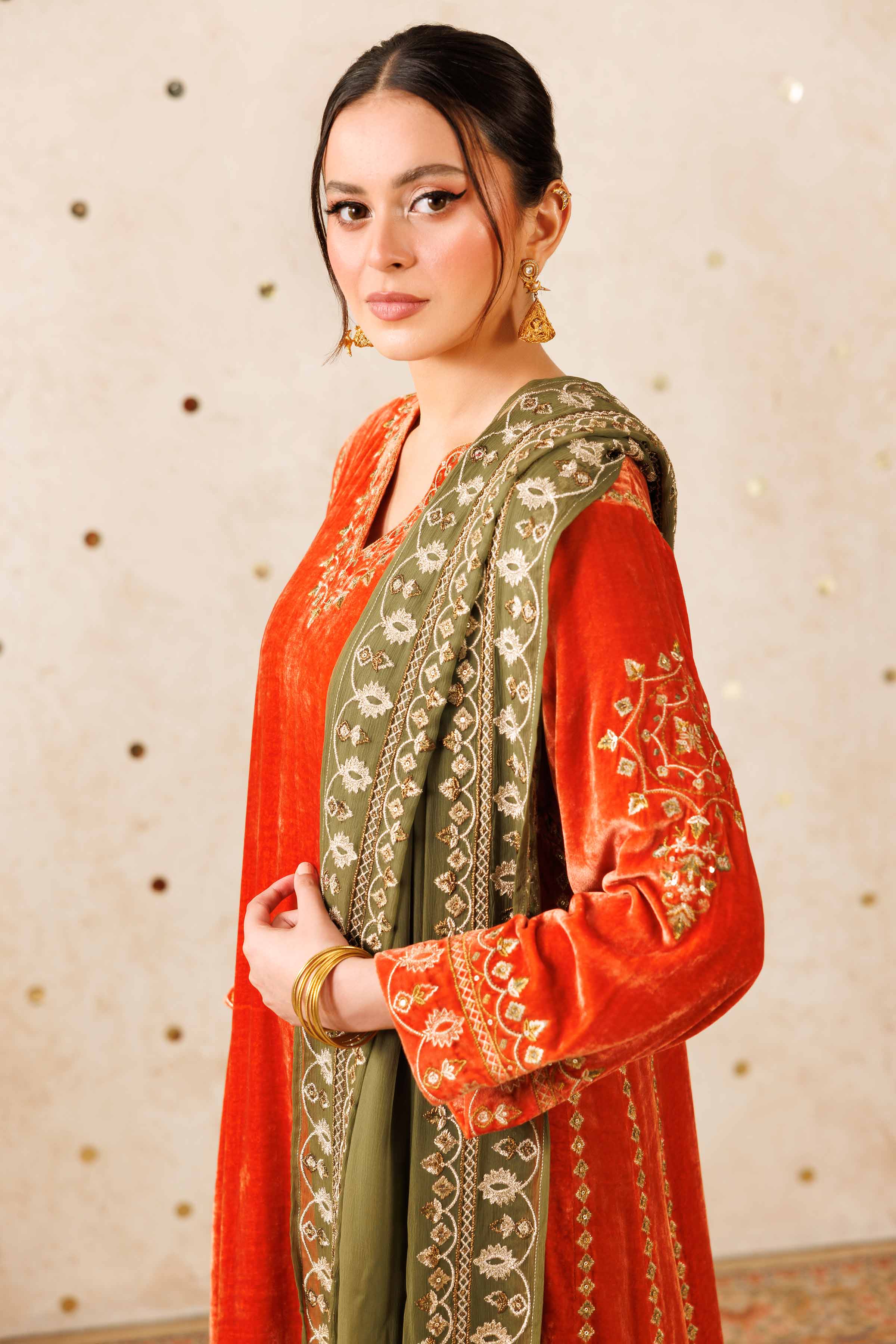 NISHATUAE - Orange Embroidered Velvet 3-piece Ready to wear Suit