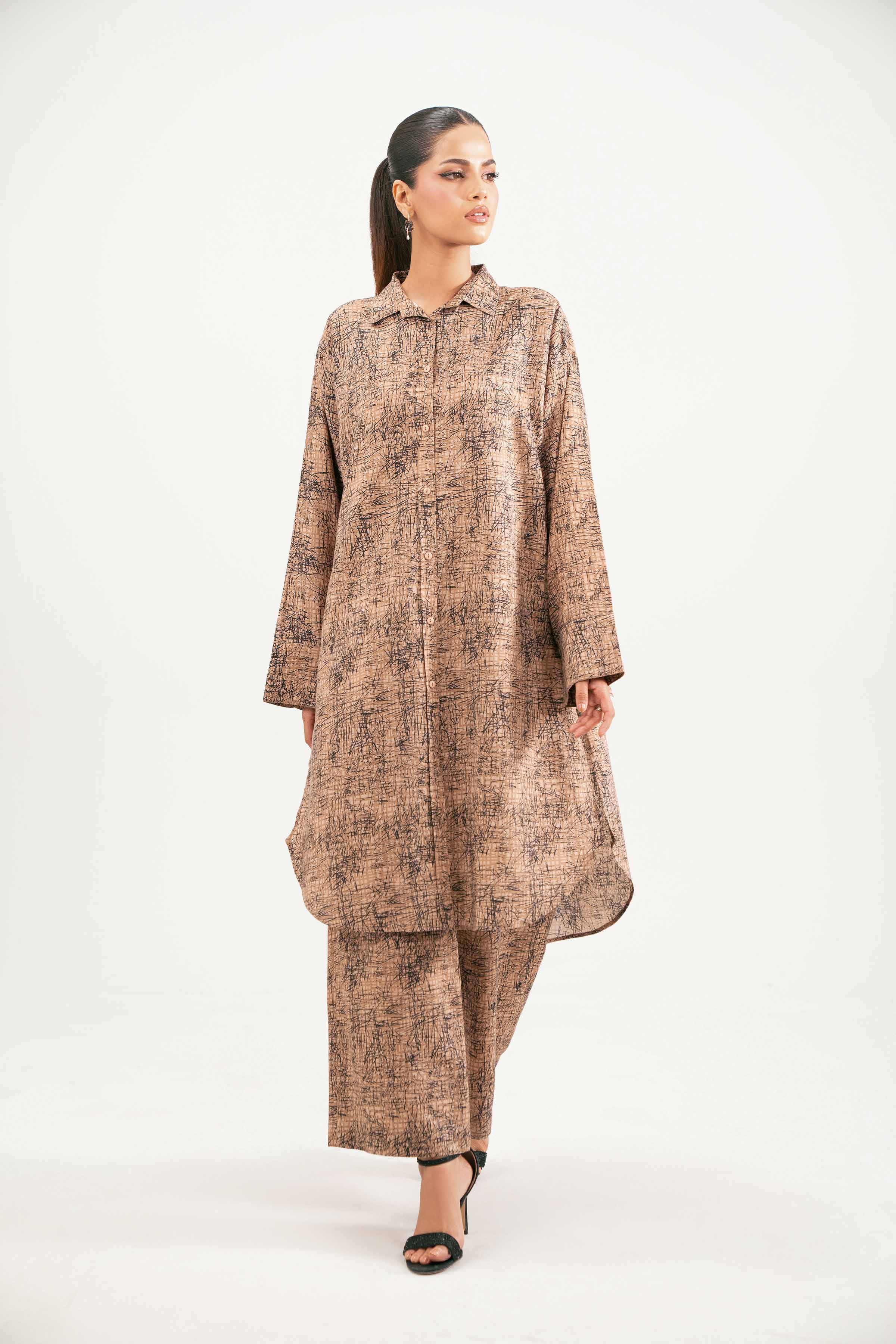 NISHATUAE - Brown Printed Jacquard 2-piece Ready to wear Dress
