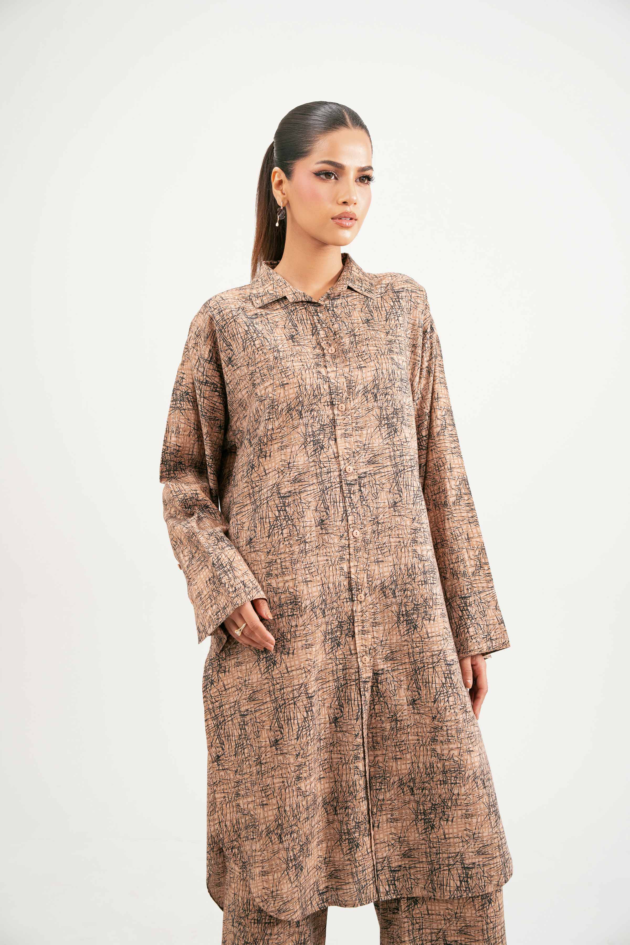 NISHATUAE - Brown Printed Jacquard 2-piece Ready to wear Dress
